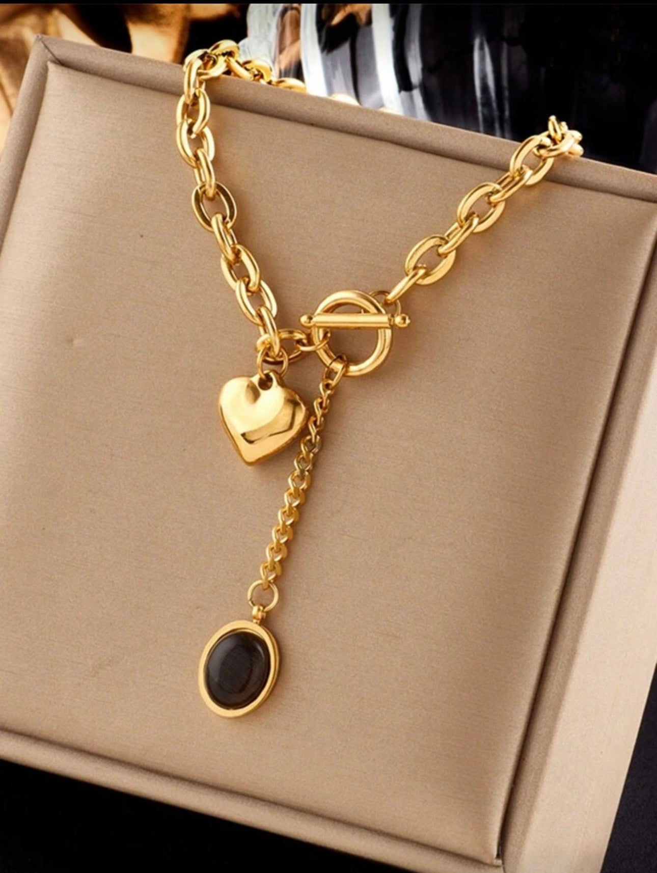 Gold & Black T-Bar Heart Pendant