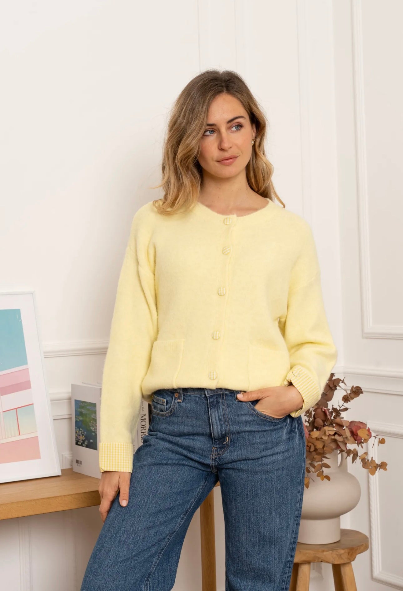 Faith Lemon Cardigan With Checked Detail