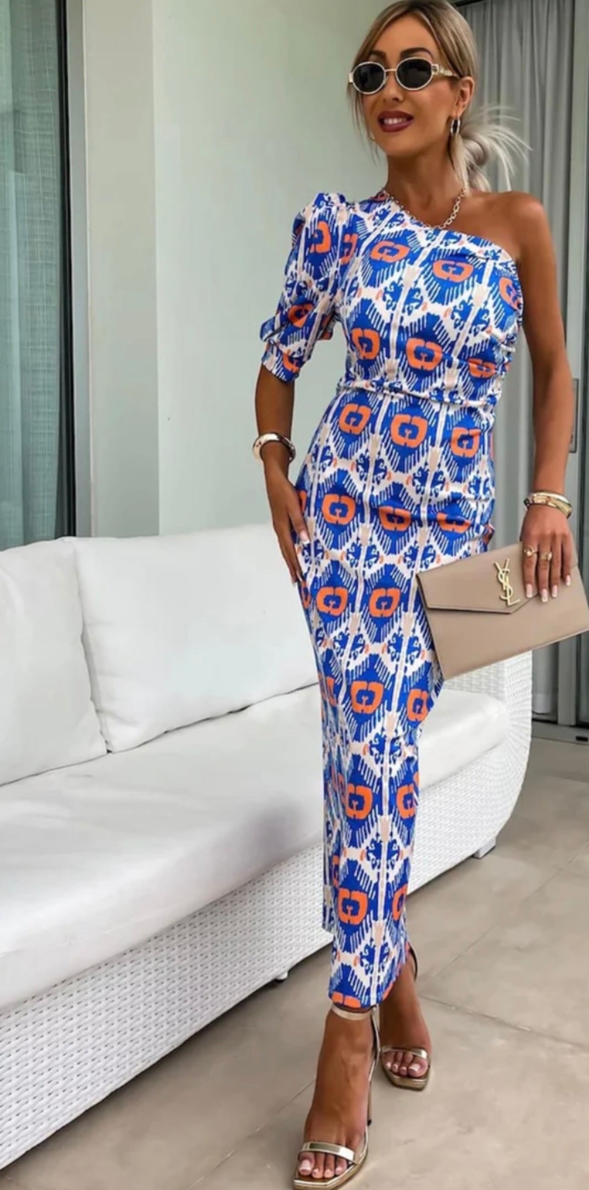 Charlotte Blue & Orange Aztec Print Midi Dress