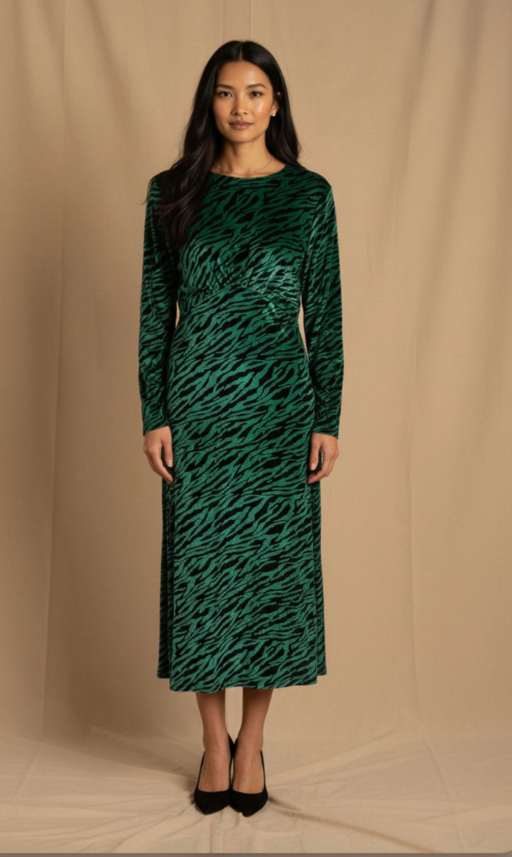 Velvet Zebra Print Midi Dress In Emerald & Black