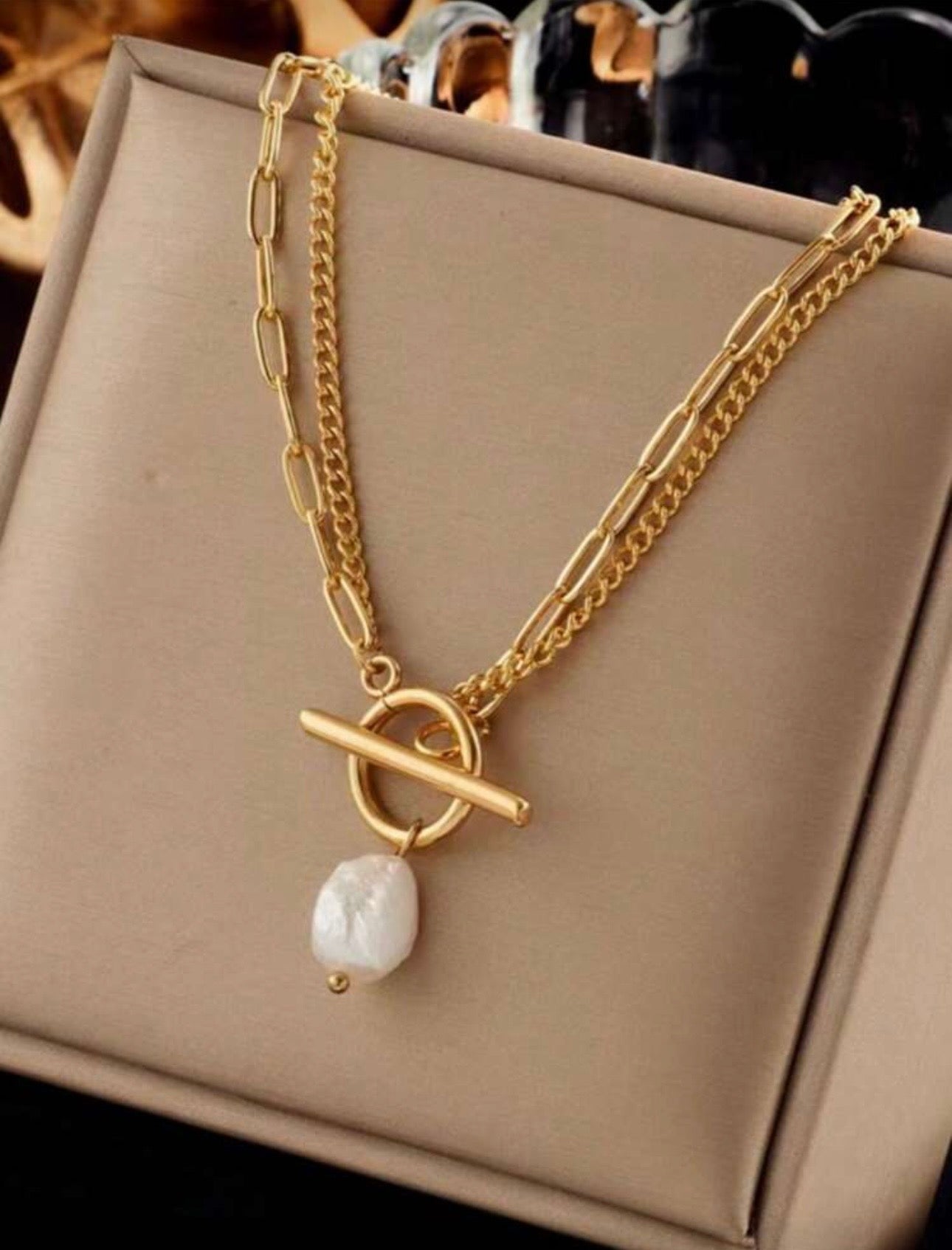 Gold Tbar Pearl Necklace