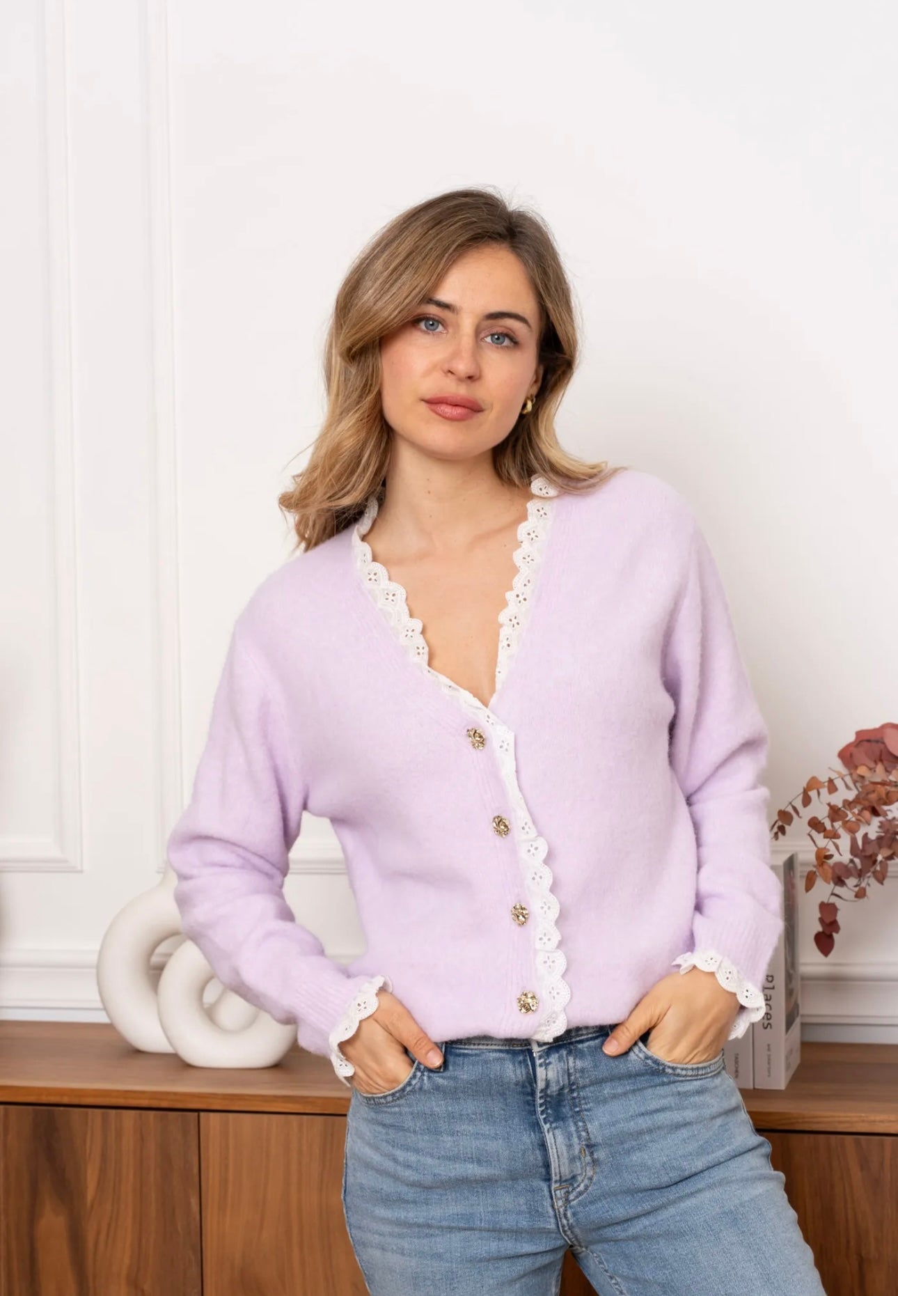 Cassie Lilac & White Broiderie Trim Cardigan