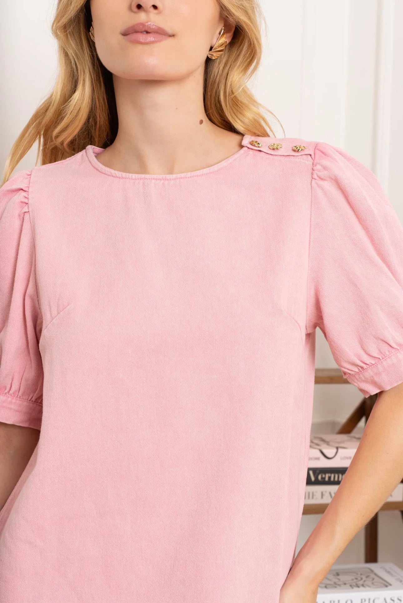 Pink Denim Dress With Gold Button Detail
