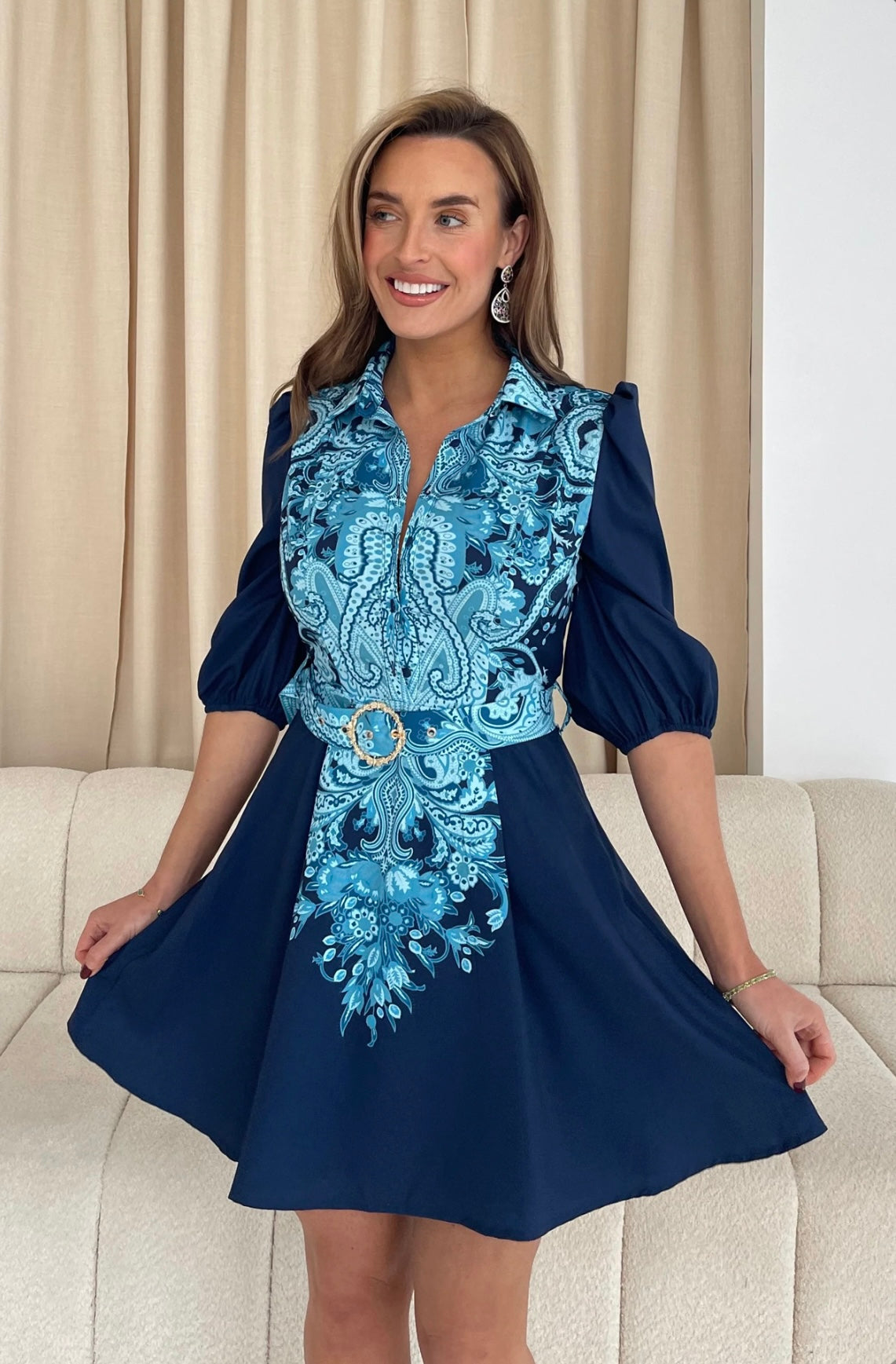 Holland Paisley Print Collar Mini Dress Navy