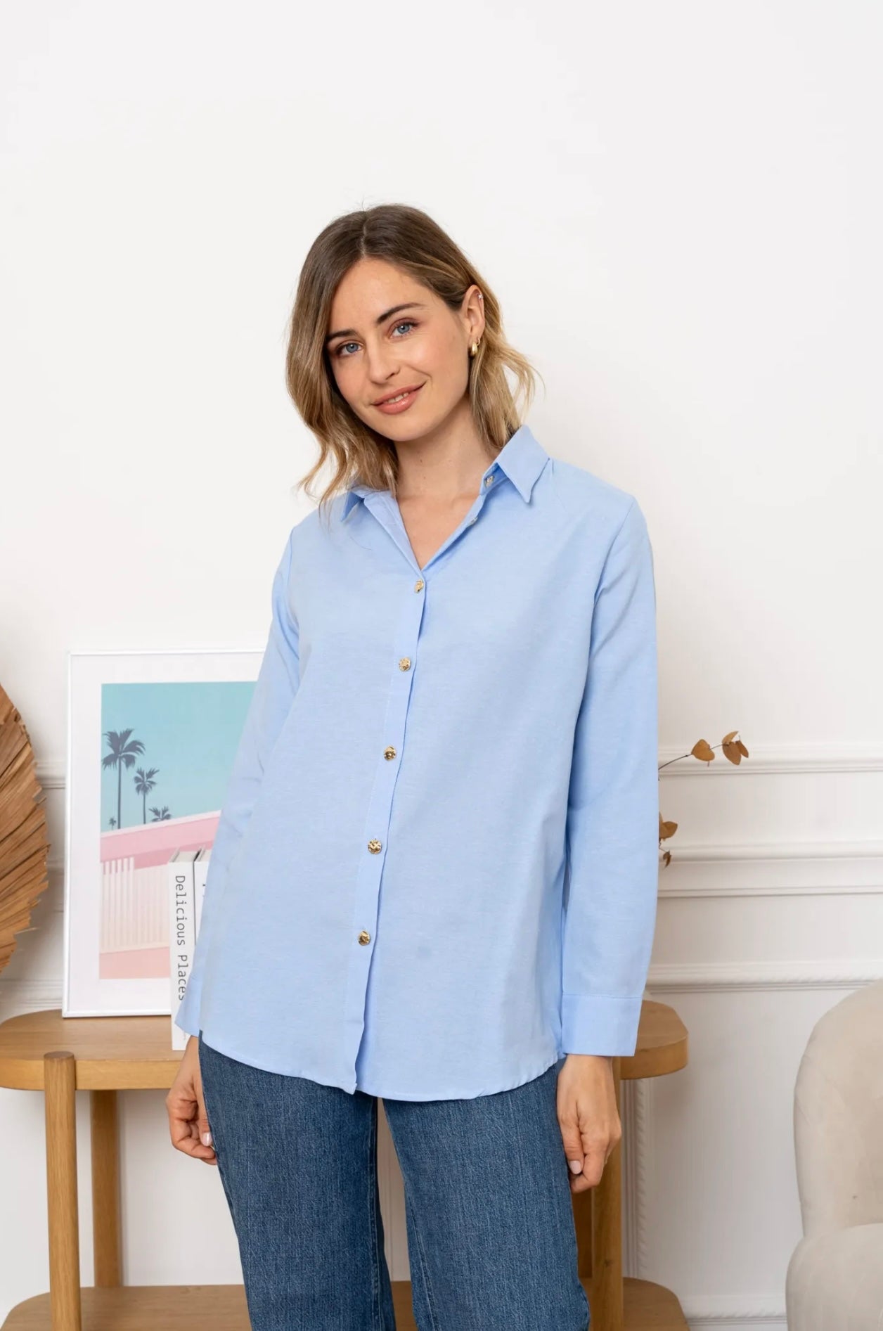 Blue Shirt With Gold Button Appliqué