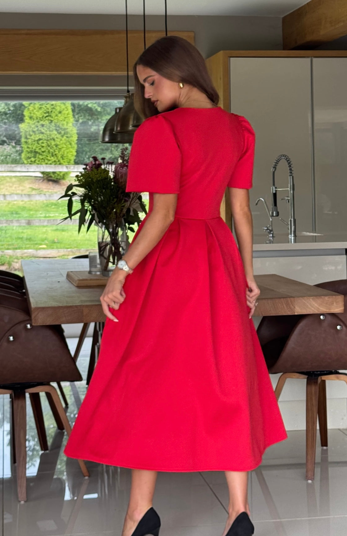 Elowin Red Statement Sleeve Midi Dress