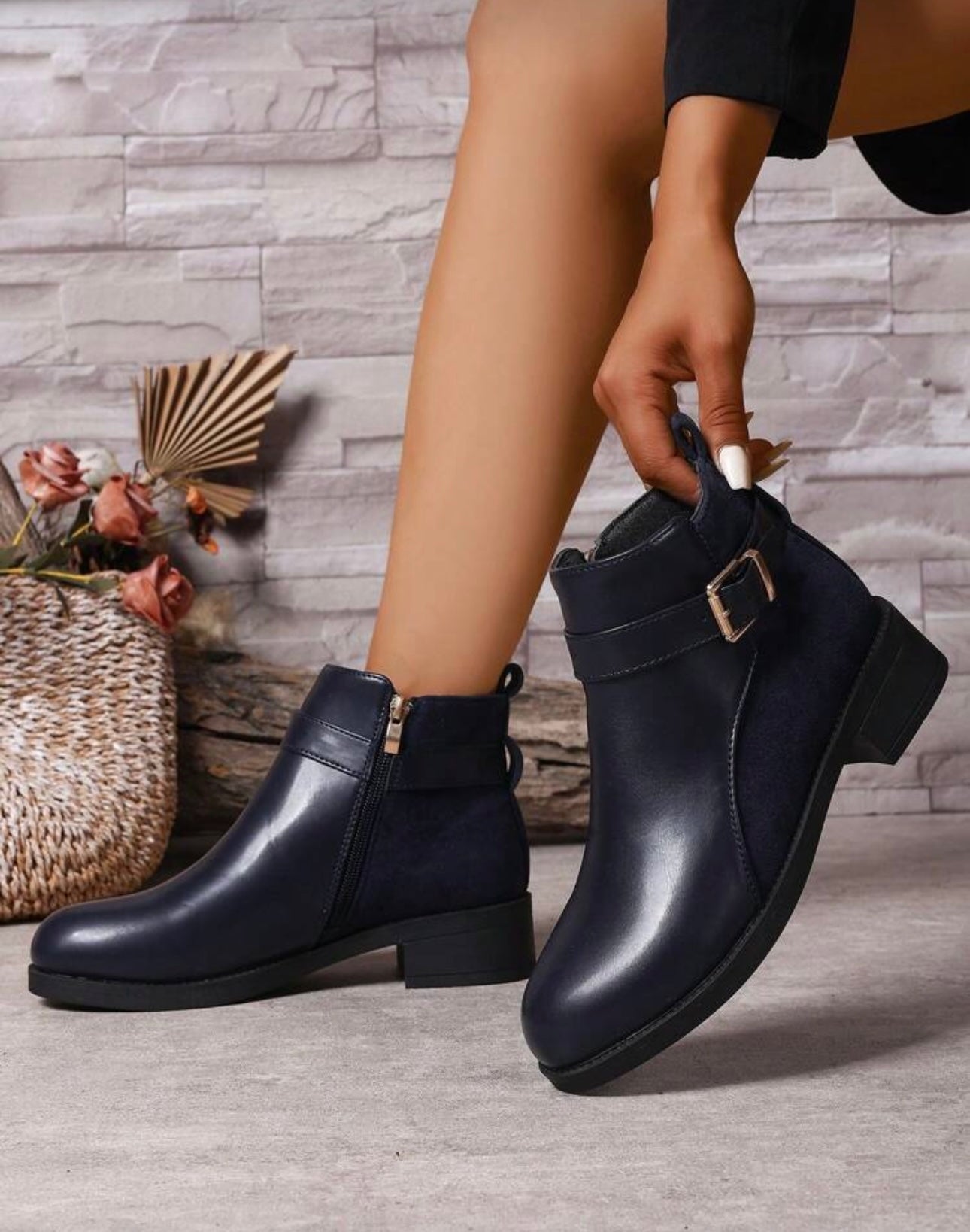 Navy Patent Suede Ankle Boots