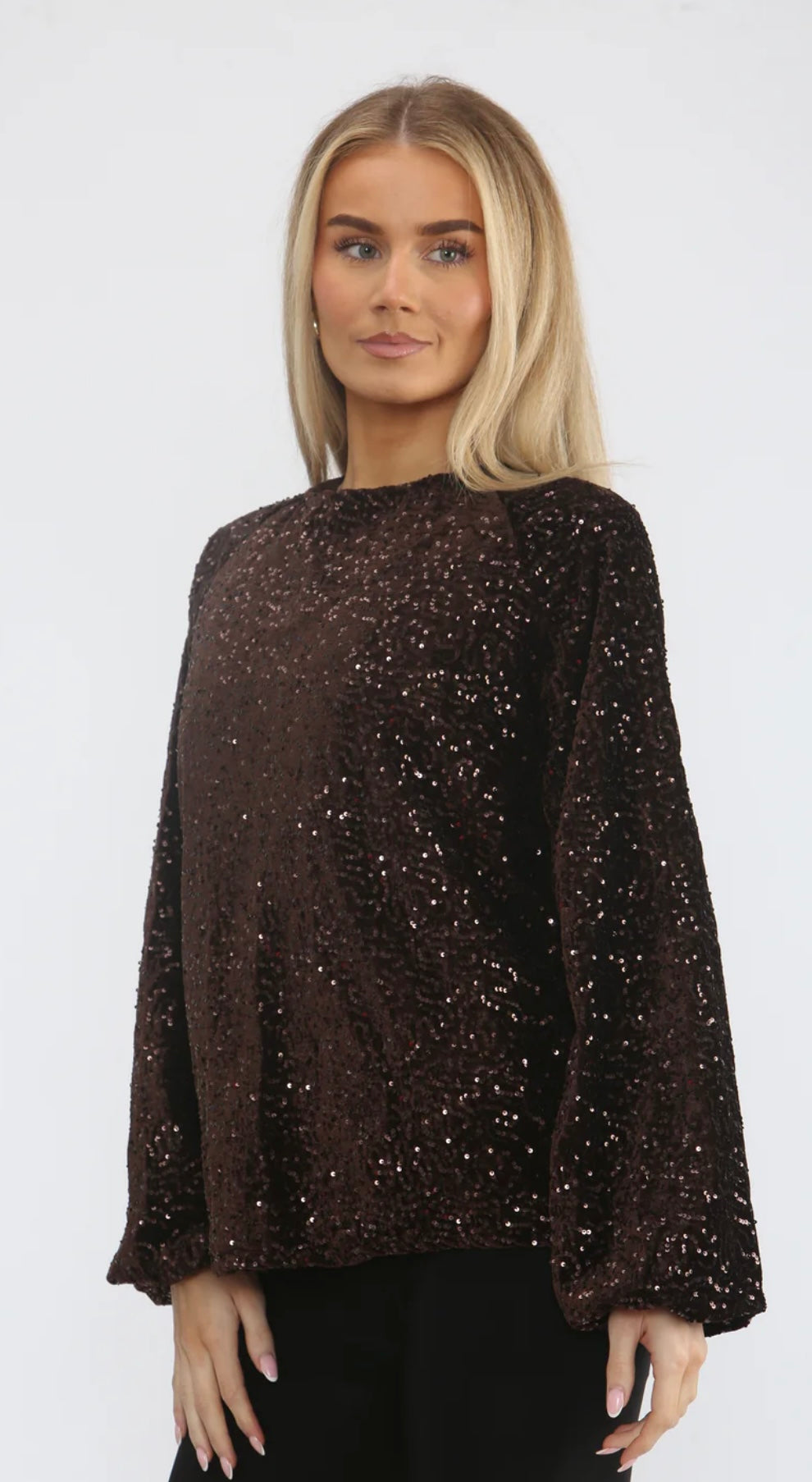 Brown Velvet Sequin Top With Bow Detail Back