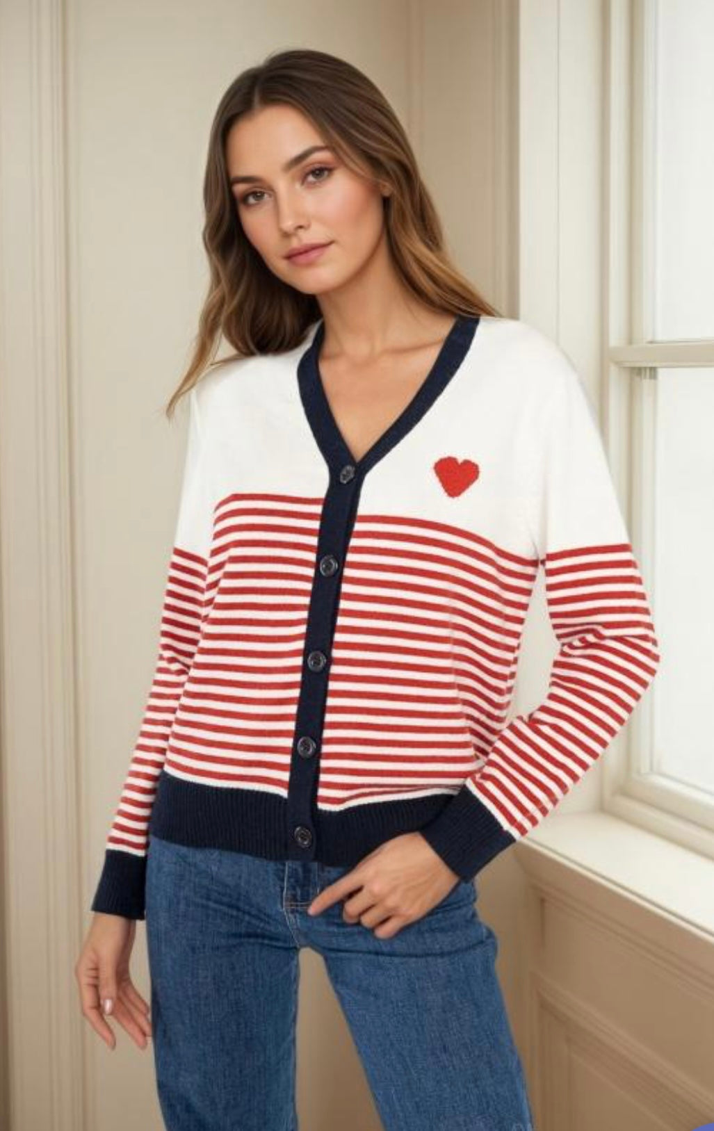 Red & Navy Striped Cardigan