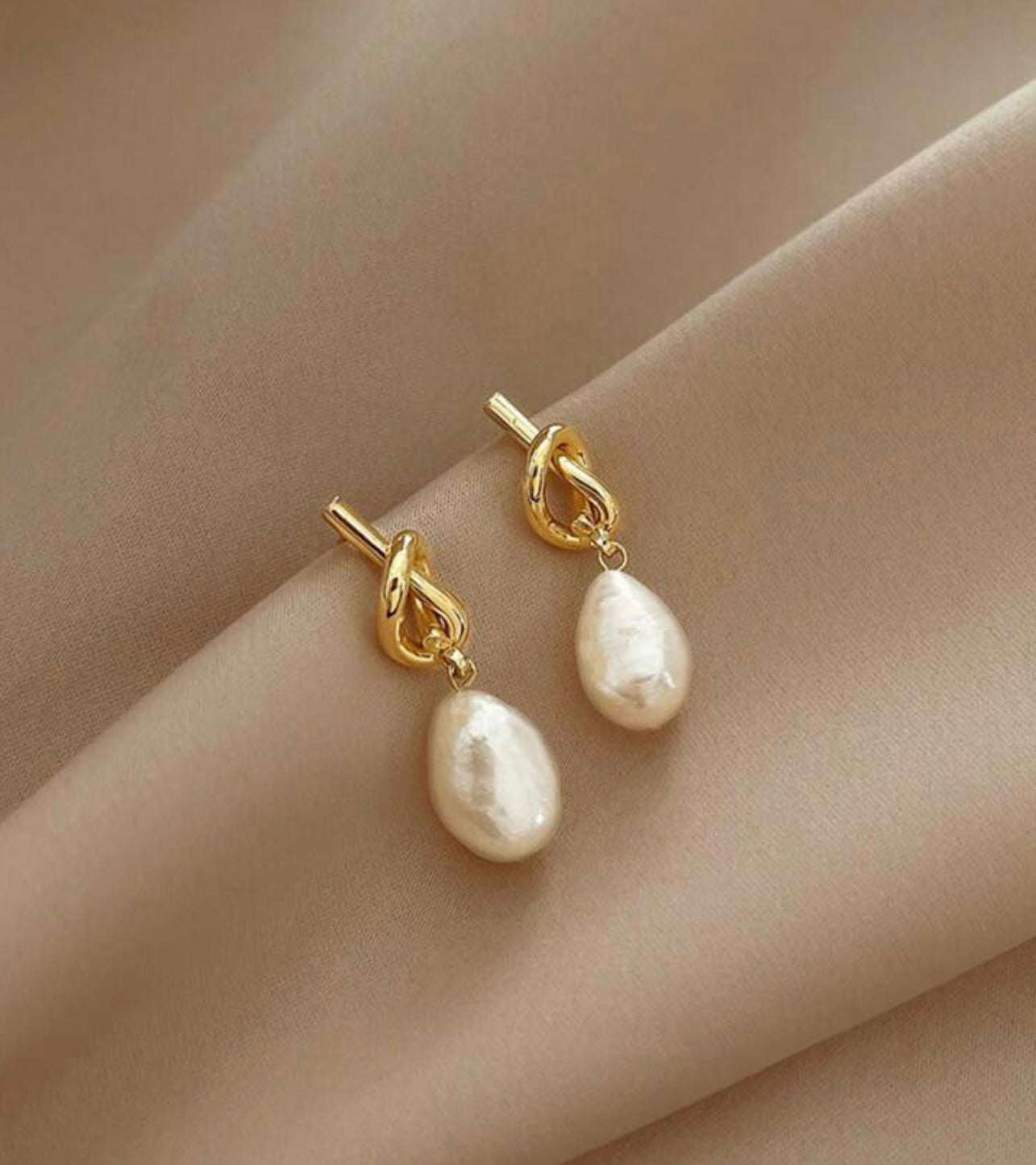Gold Pearl Twist Knot Earrings