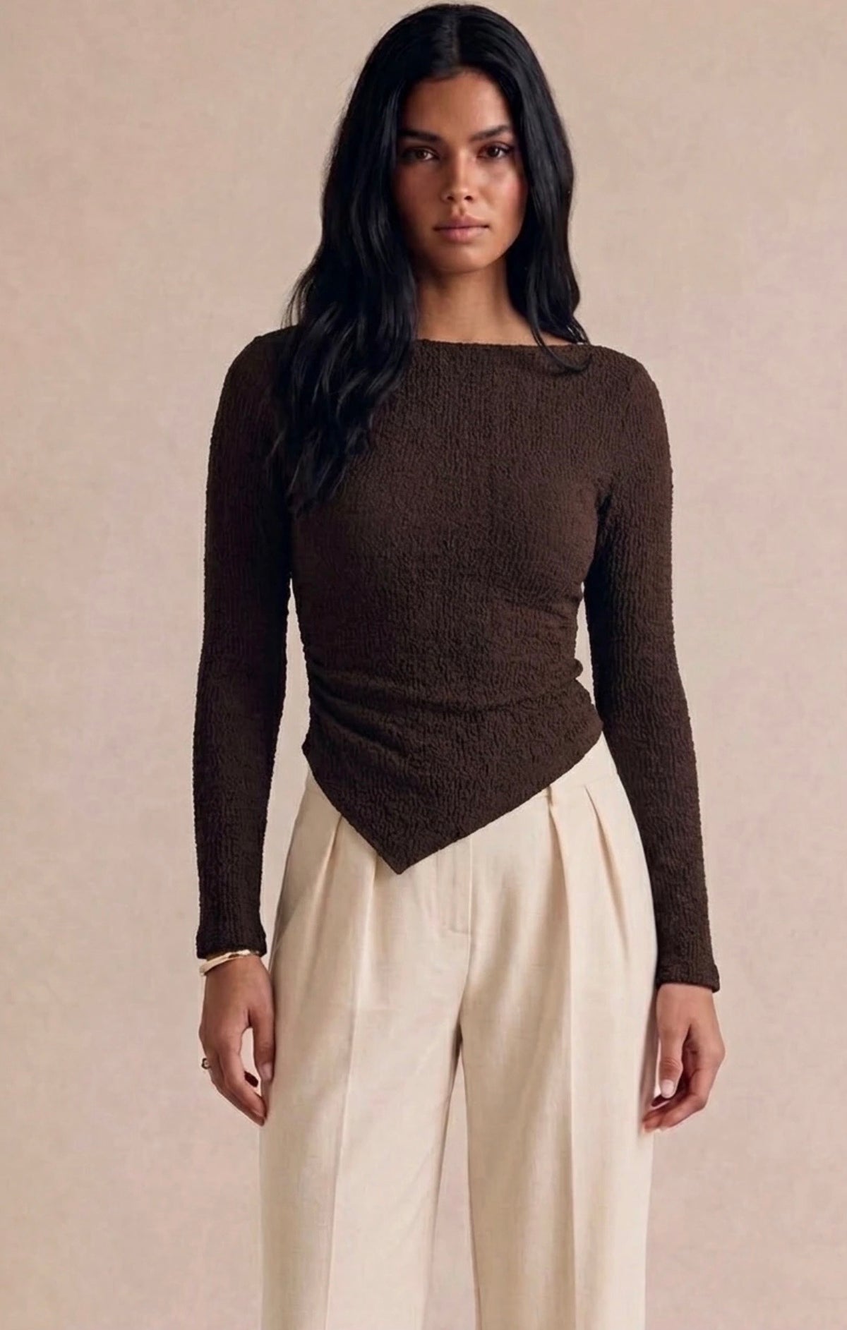 Brown Asymmetric Hem Boat Neck Top