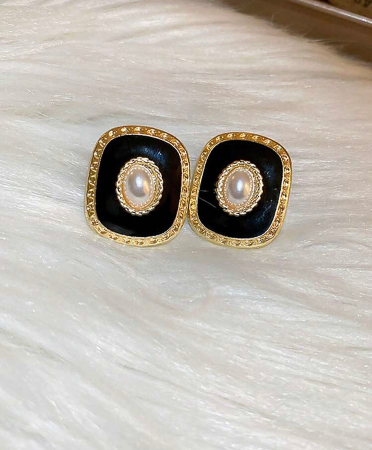 Pearl Black & Gold Trim Earrings