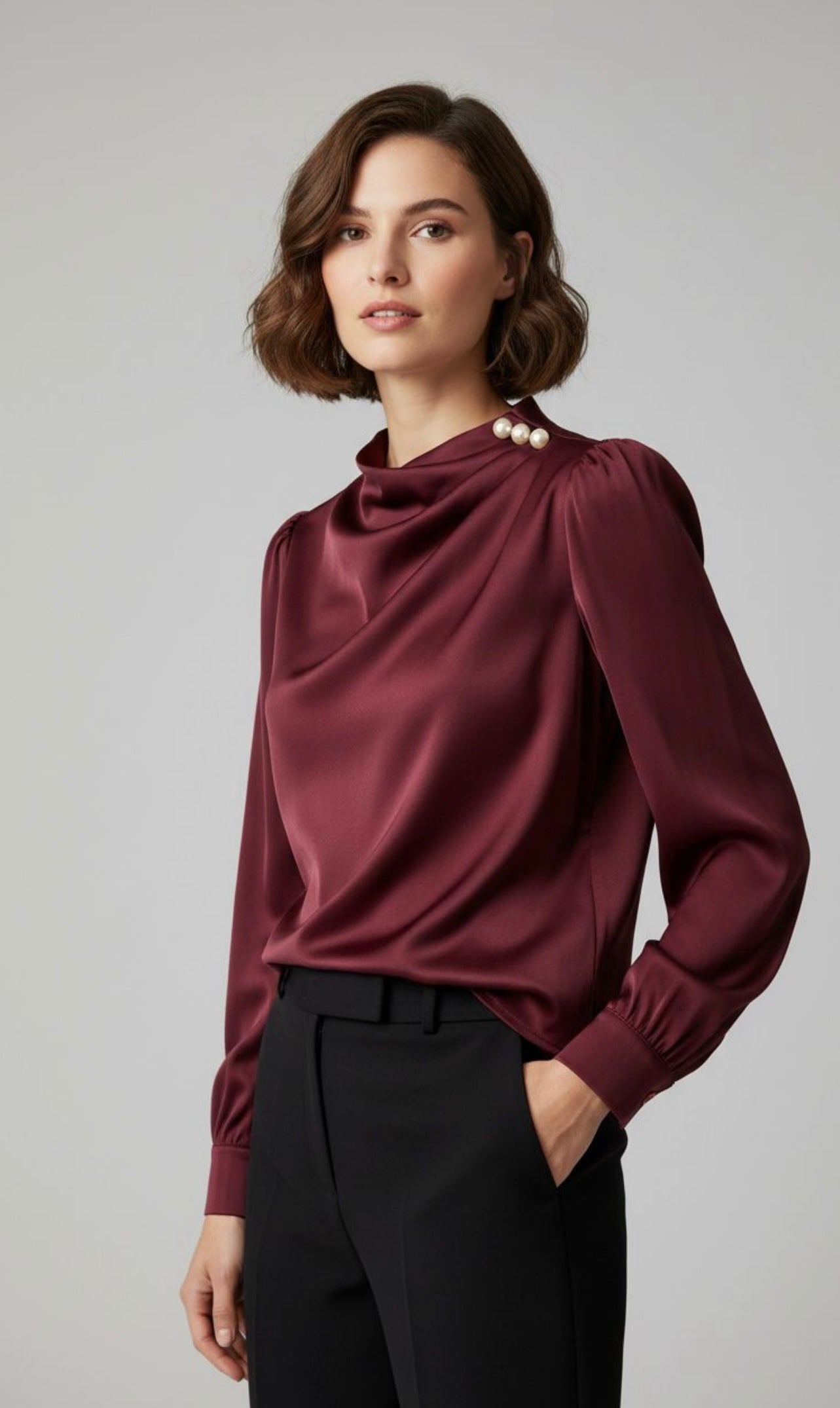 Burgundy Satin Pearl Neck Blouse