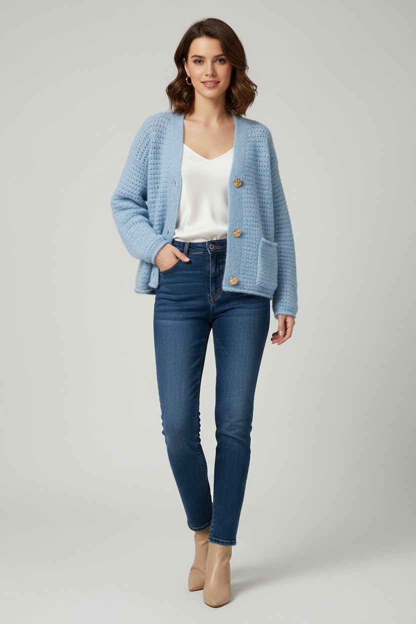 Light Blue Cardigan With Gold Button Detail