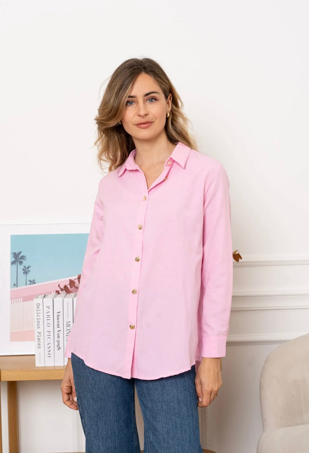 Pink Shirt With Gold Button Appliqué