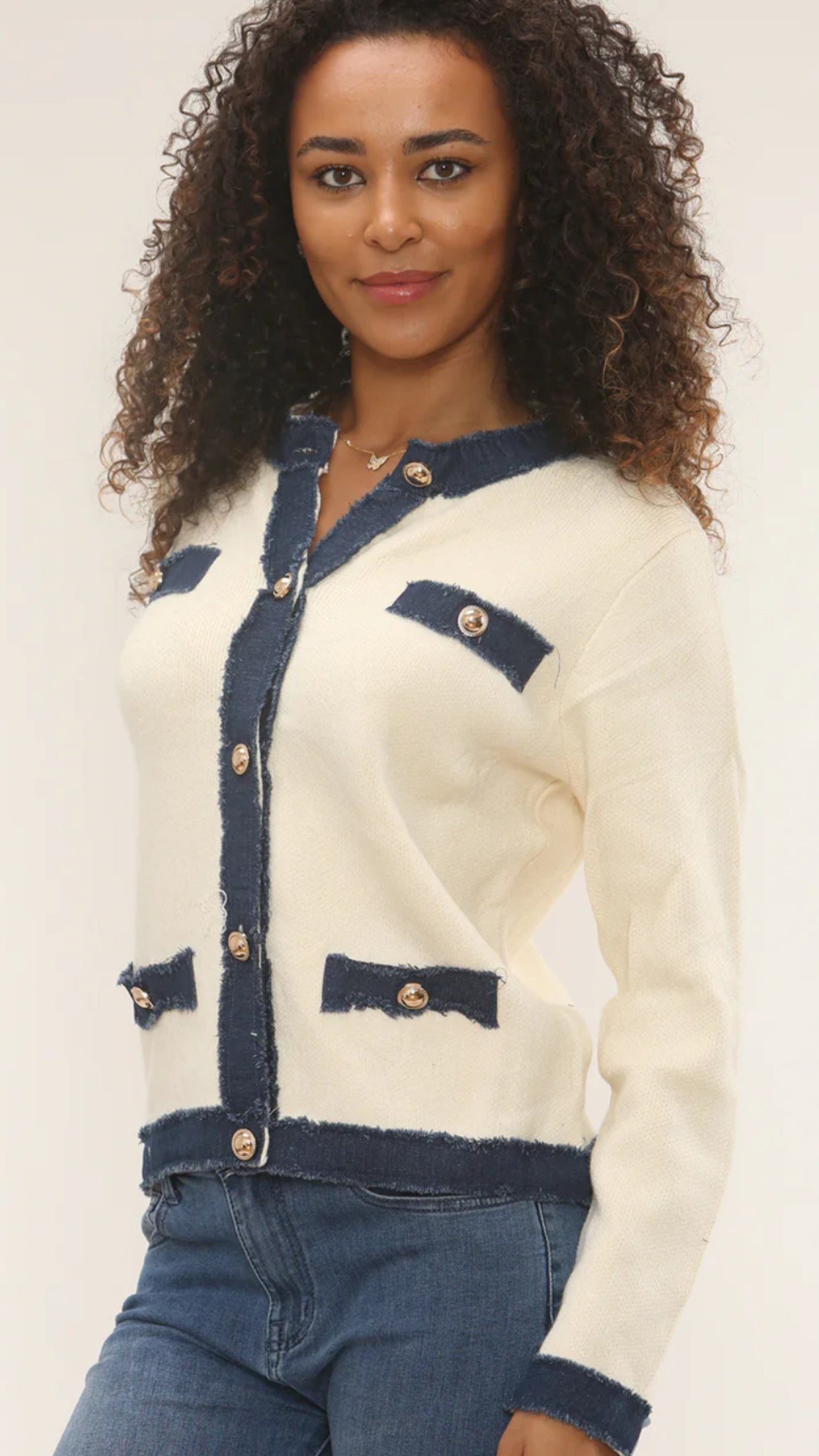 Cream & Denim Trim Cardigan/Jacket