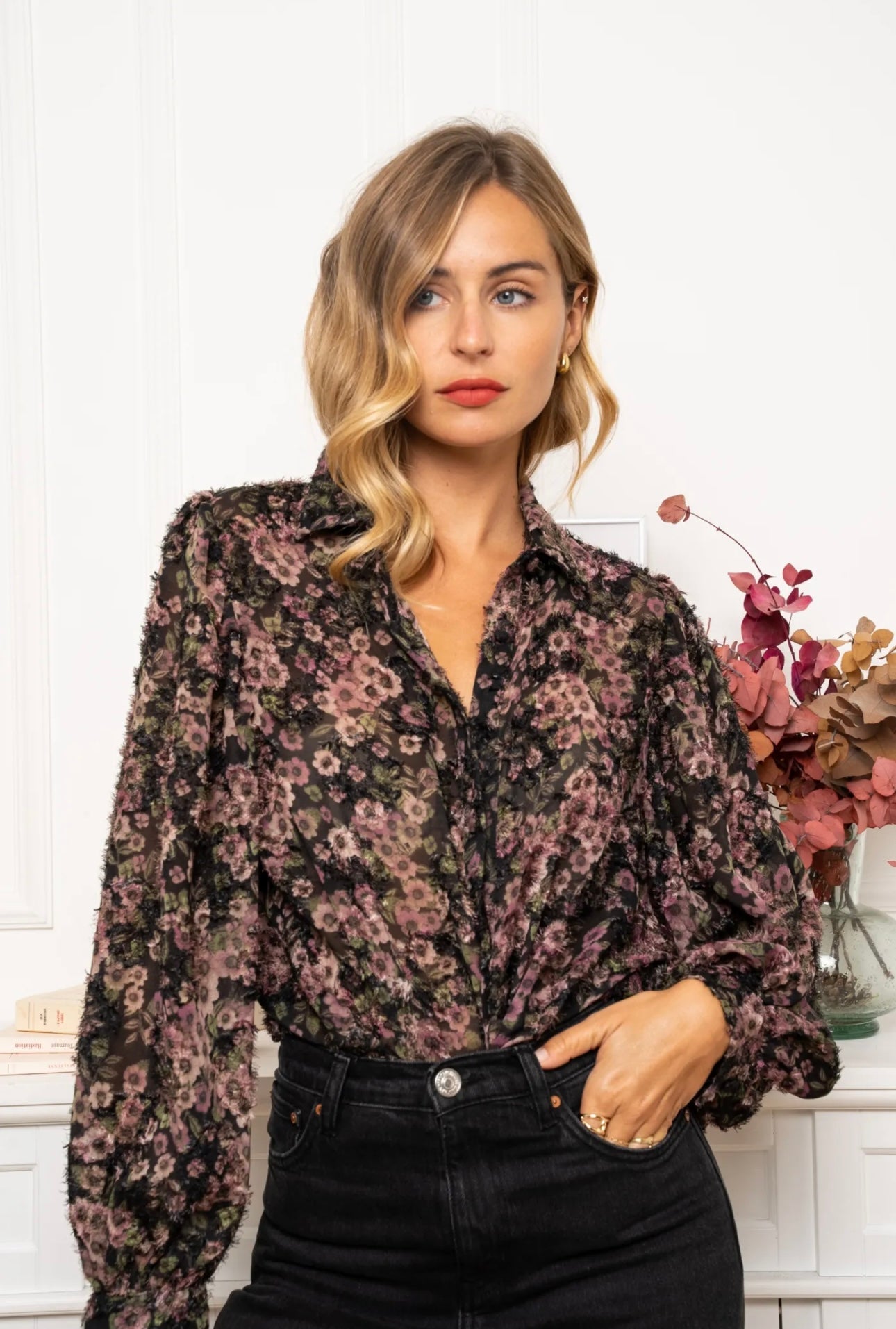 Black Plum Floral Sheer Blouse