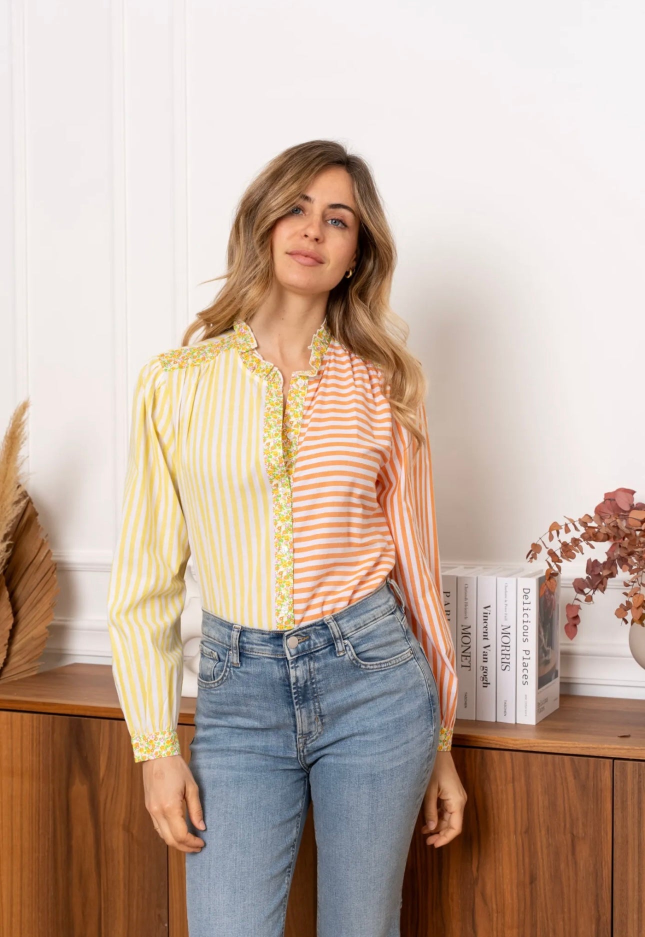 Michelle Lemon & Orange Floral Striped Shirt (size 8,10,12)