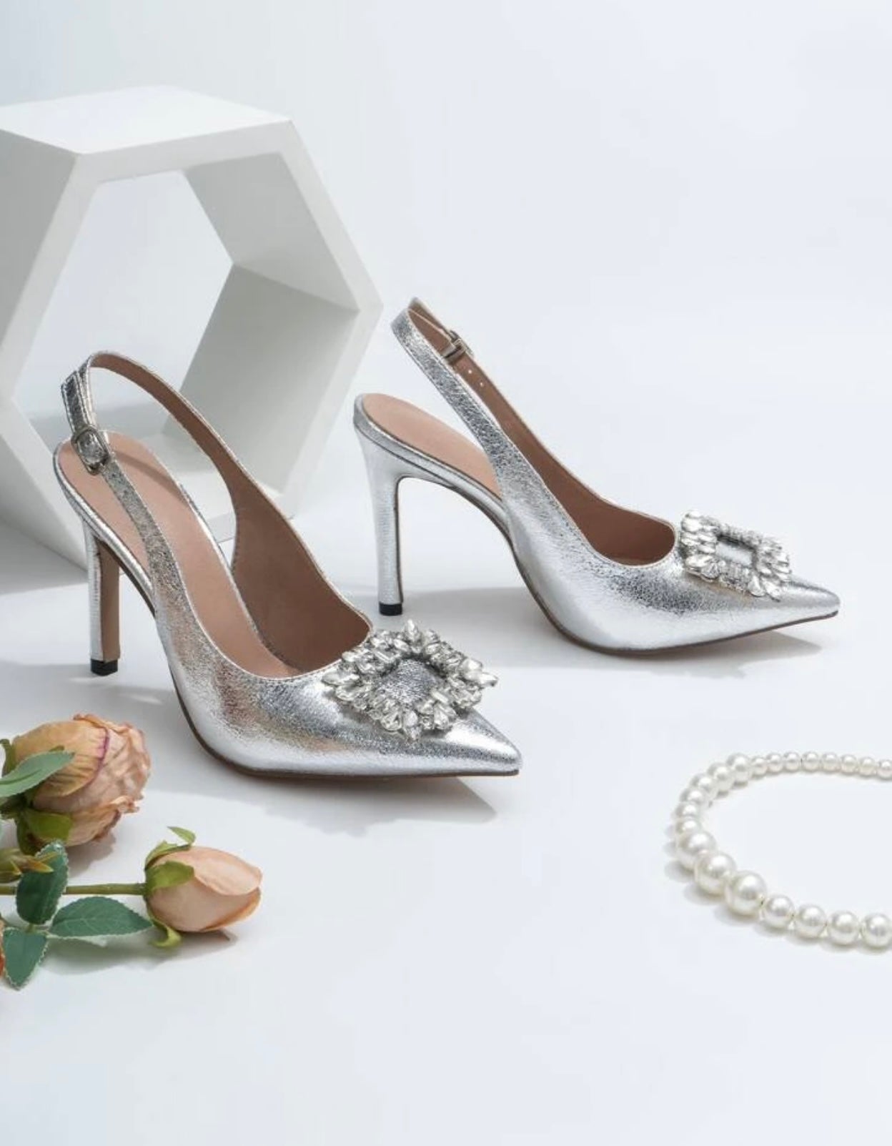 Silver Diamanté Detail Slingback Heels