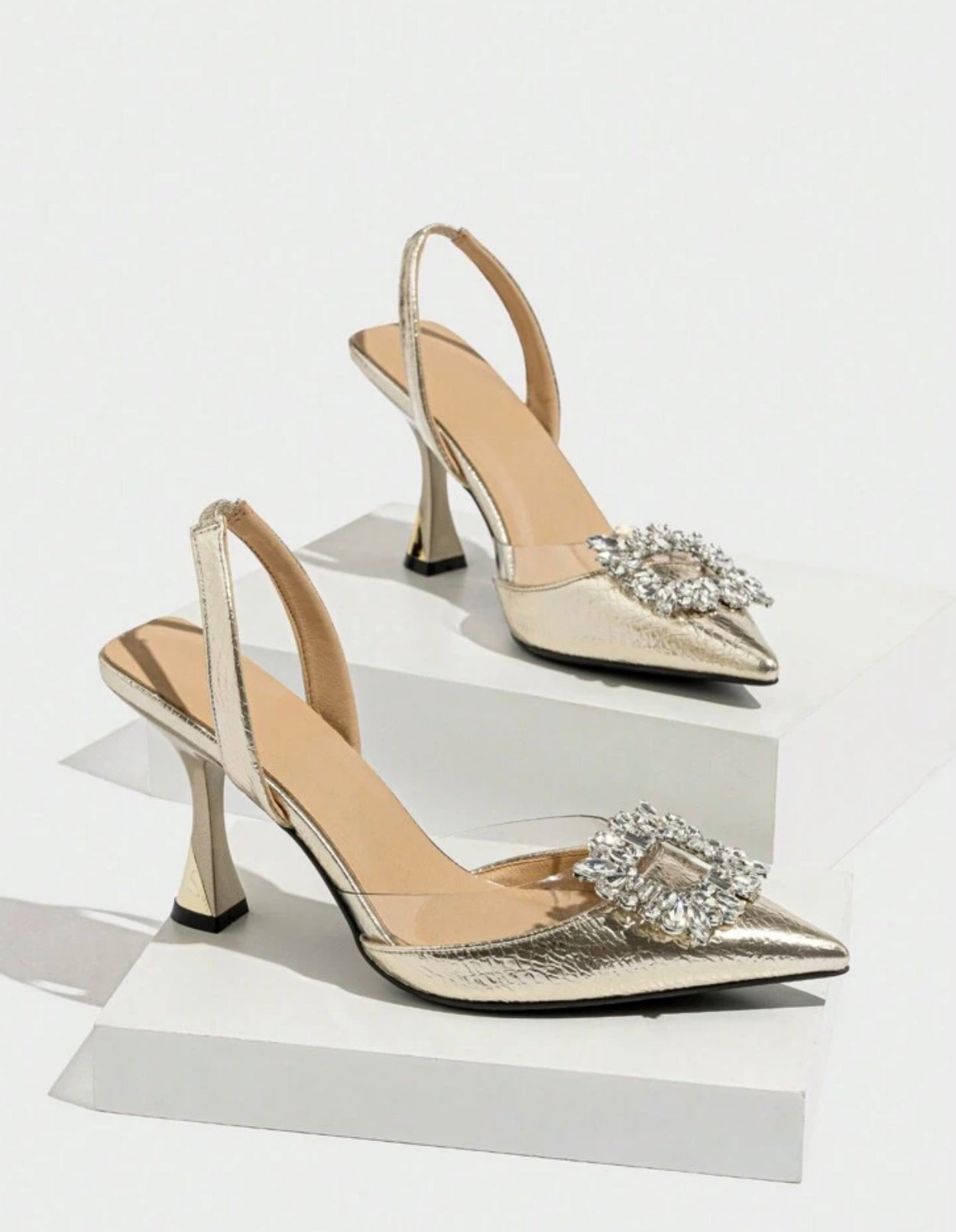 Gold Metallic Slingback Heels With Diamanté Detail