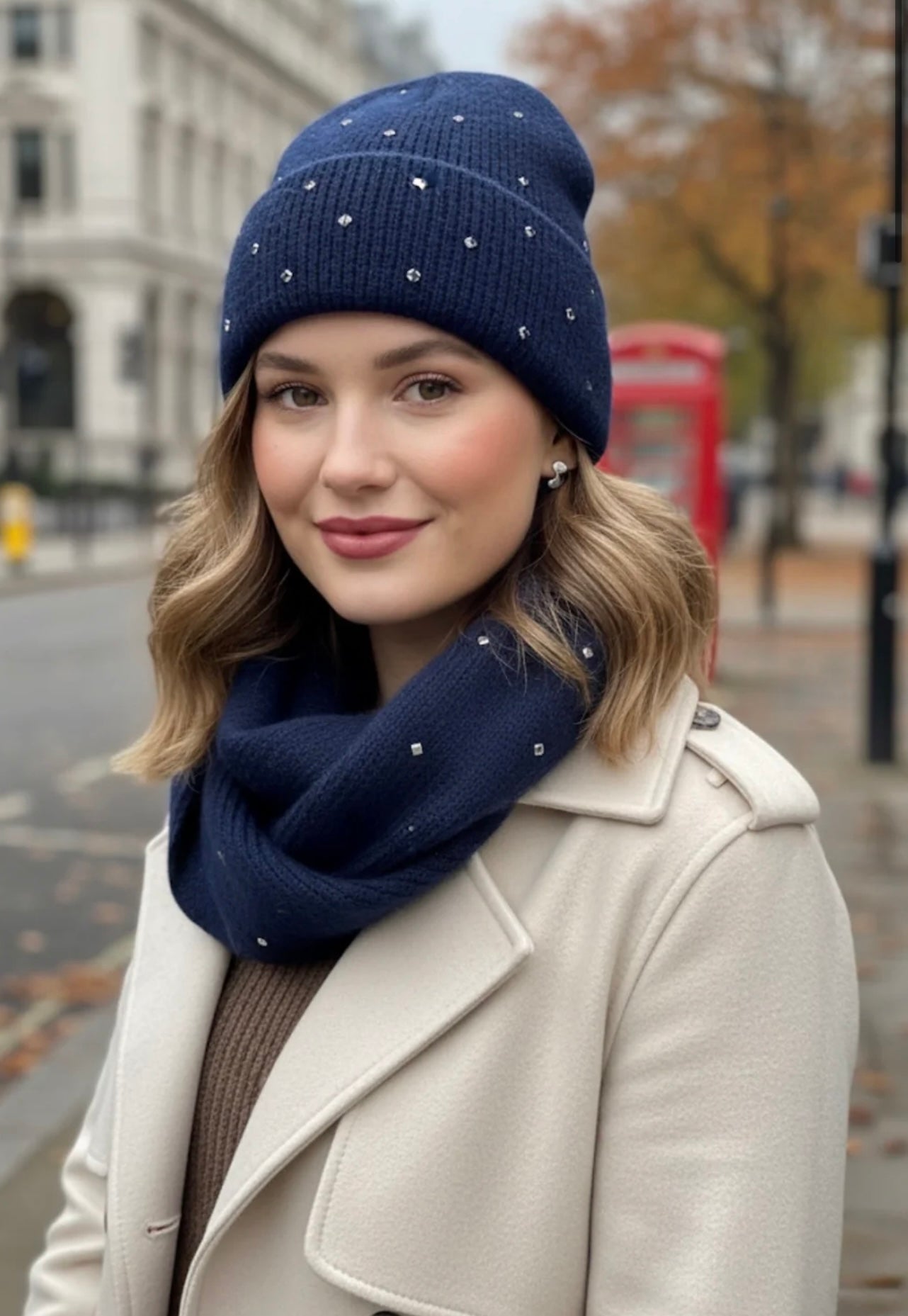 Navy Diamanté Beanie Hat