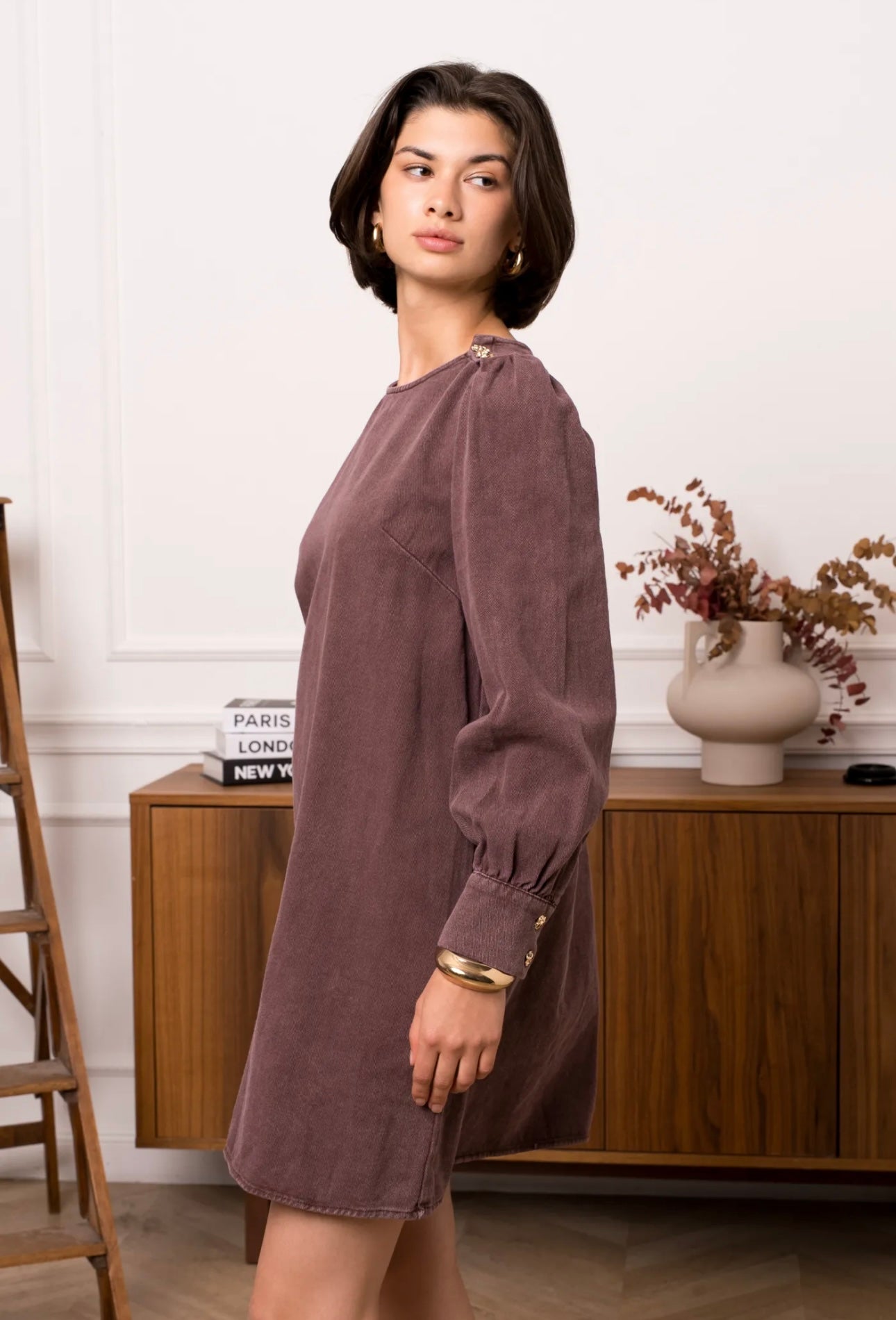 Chocolate Denim Dress With Gold Button Detail