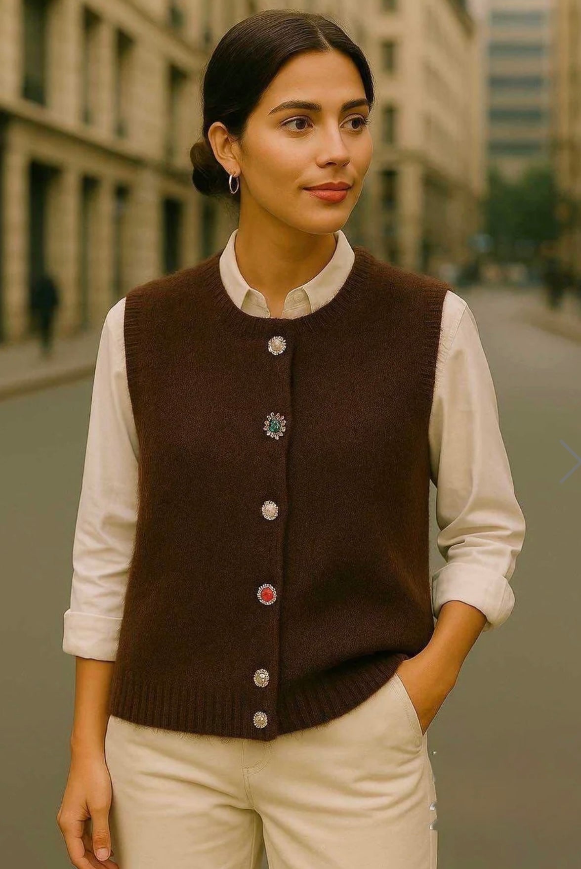 Brown Waistcoat With Vintage Embellished Buttons