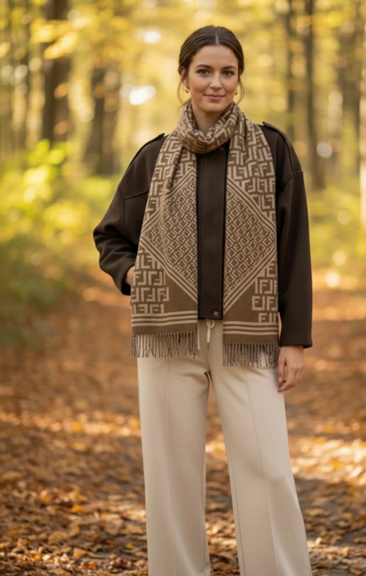 Beige Monogram Print Scarf