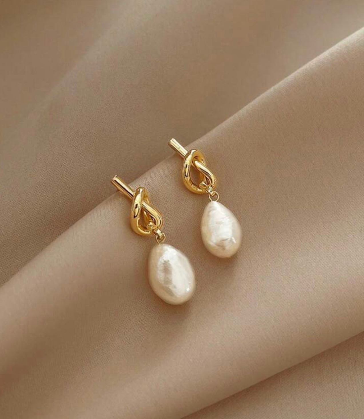 Gold Pearl Twist Knot Earrings