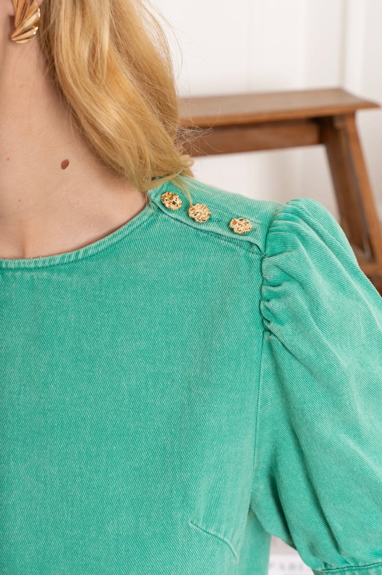 Green Denim Dress With Gold Button Detail