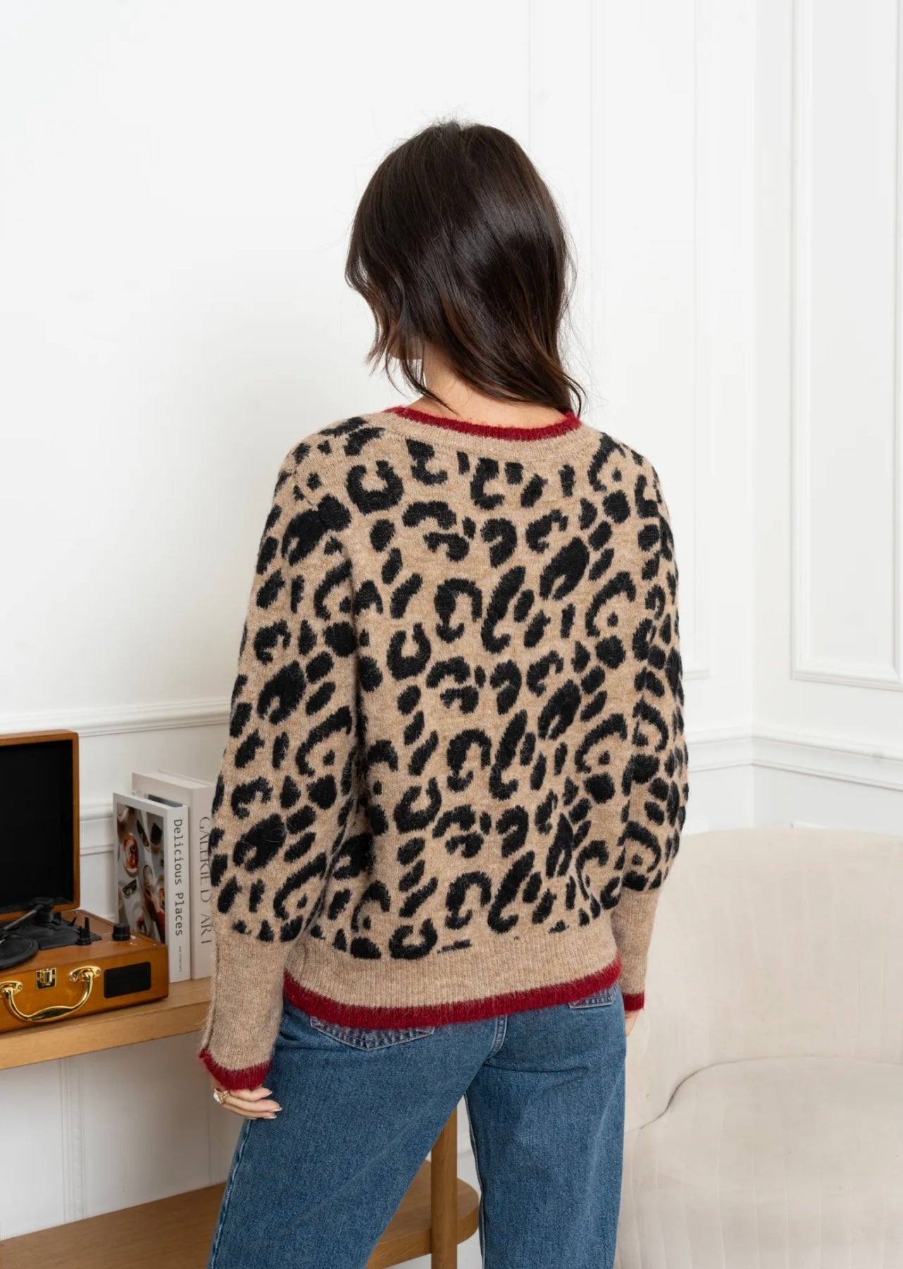 Leopard Print Jumper With Burgundy Trim