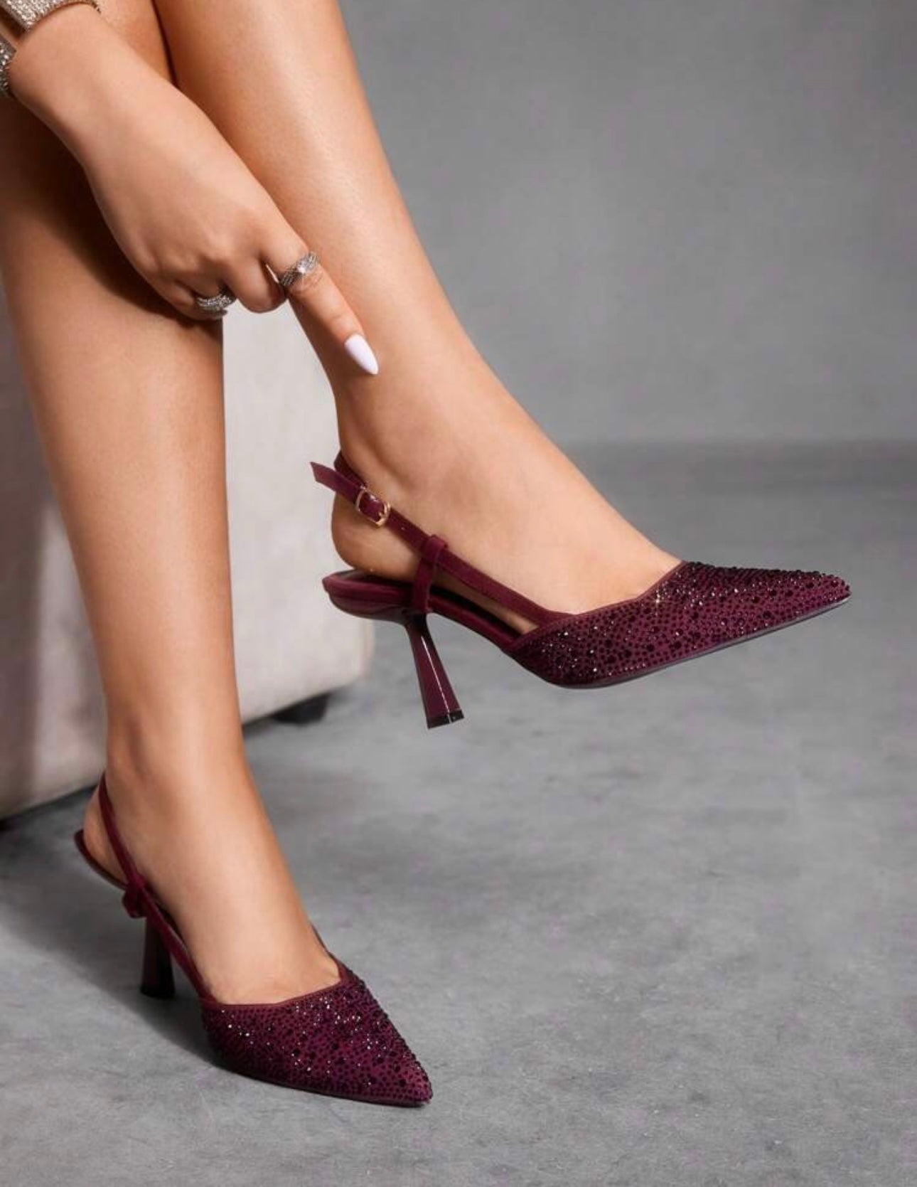 Burgundy Diamanté Embellished Slingback Heels