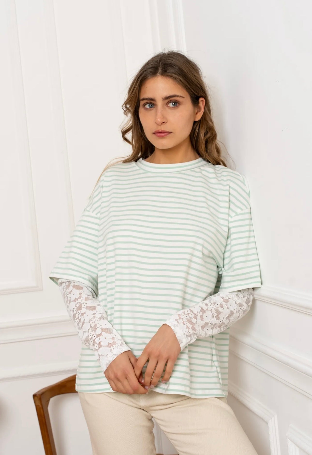 Lila Sage Green Striped Lace Detail Top