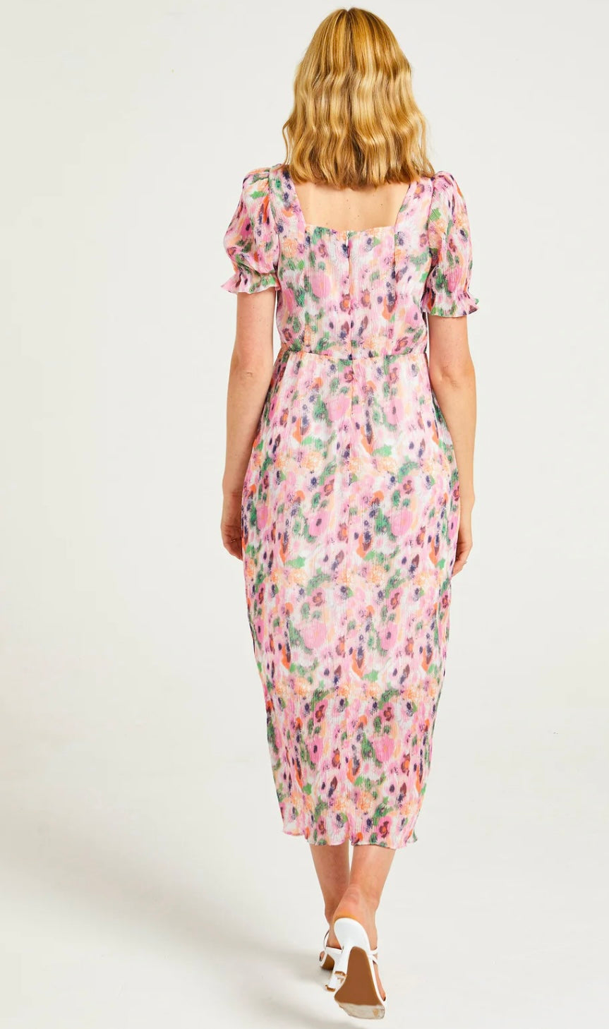 Olivia Pink Plisse Midi Dress In Abstract Print (size 8 & 10)