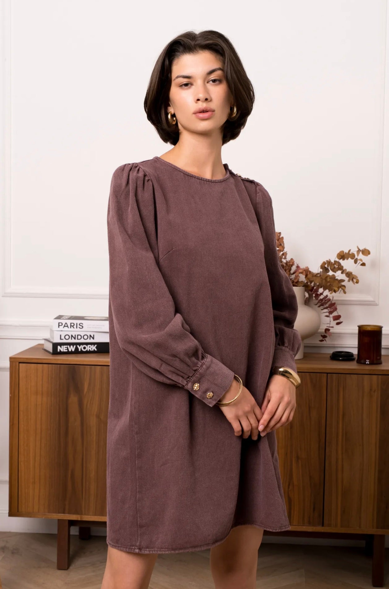 Chocolate Denim Dress With Gold Button Detail