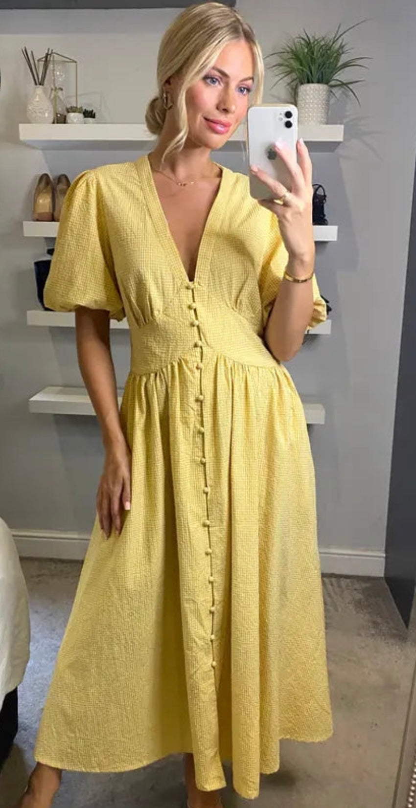Karly Lemon Checked Midi Dress