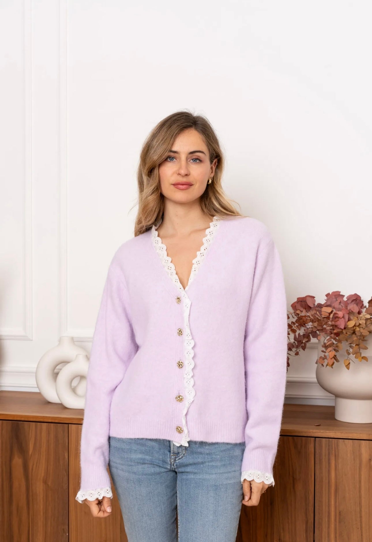 Cassie Lilac & White Broiderie Trim Cardigan