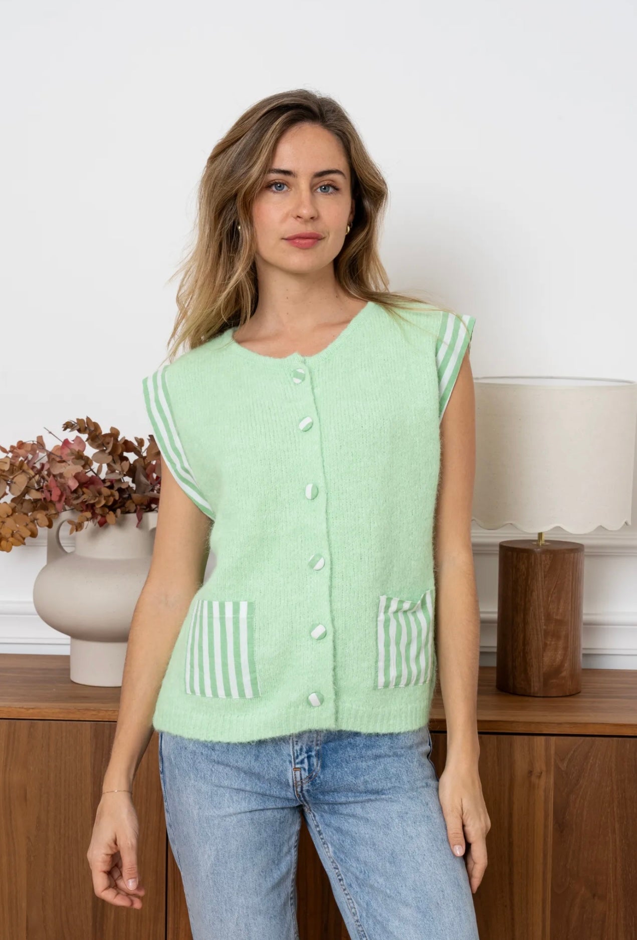 Cara Green & White Striped Waistcoat