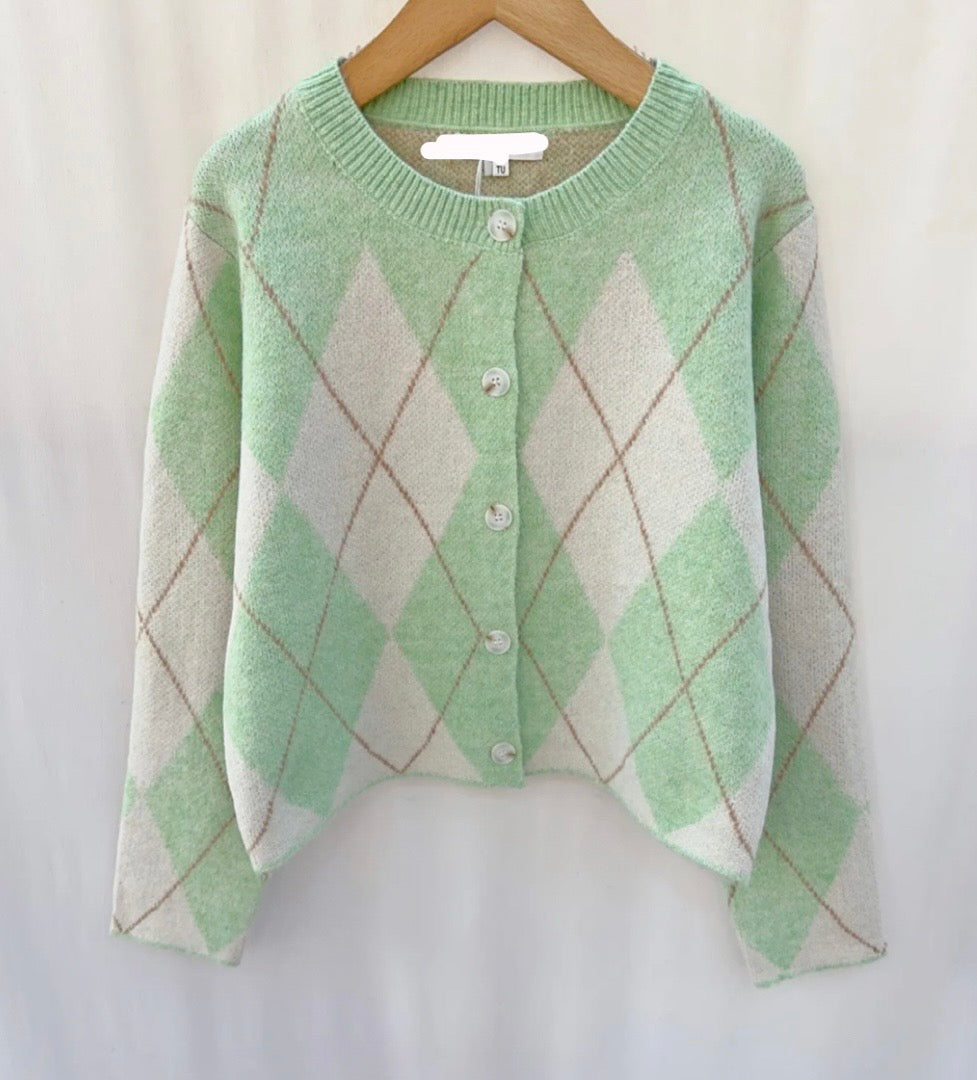 Megan Sage & Cream Argyle Cardigan
