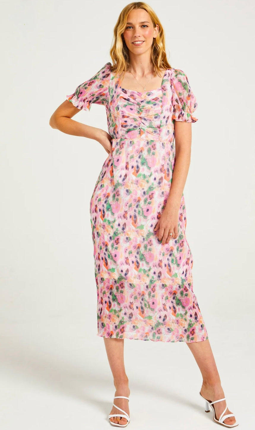 Olivia Pink Plisse Midi Dress In Abstract Print (size 8 & 10)