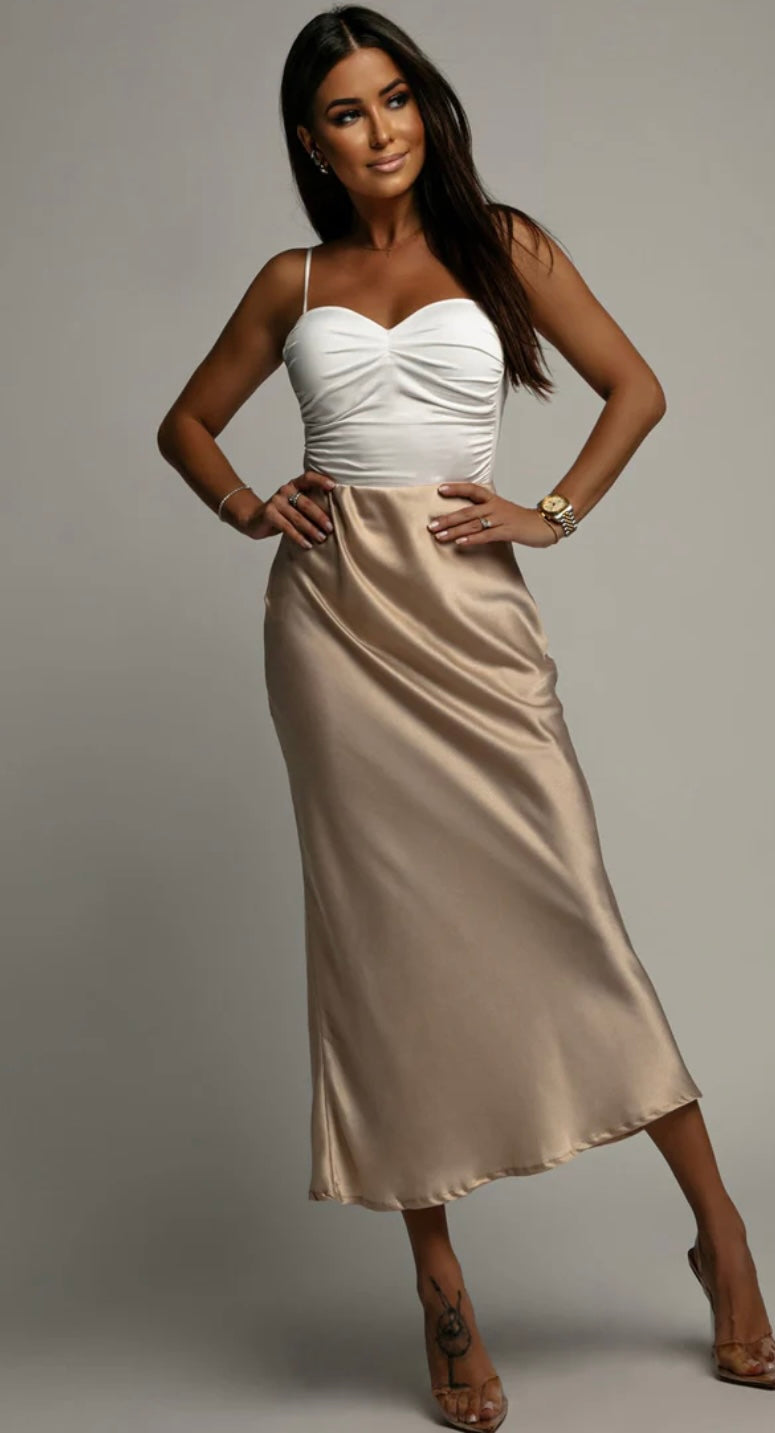 Lucia Satin Midi Skirt Stone