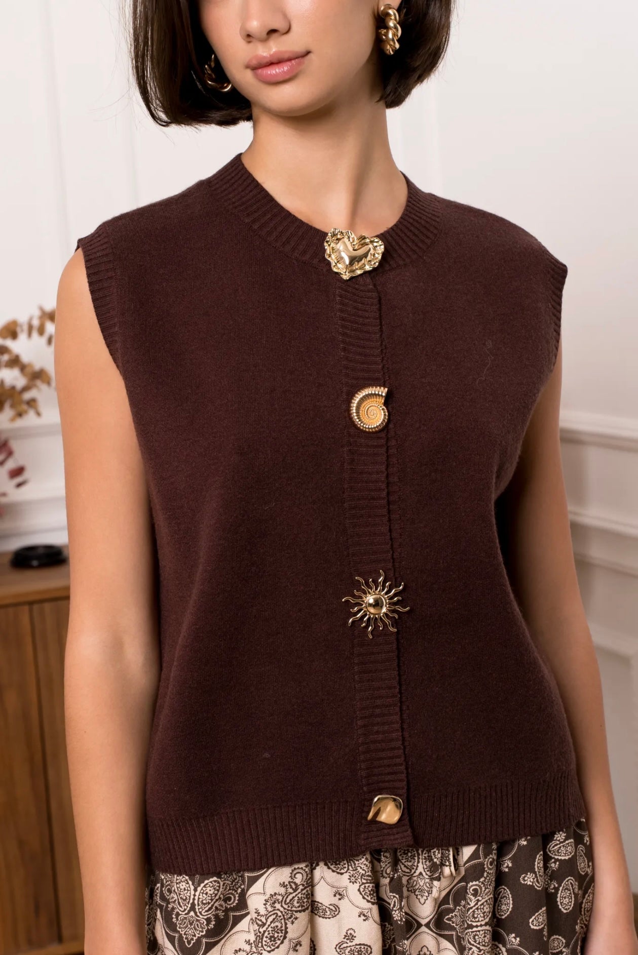 Brown Waistcoat With Statement Buttons