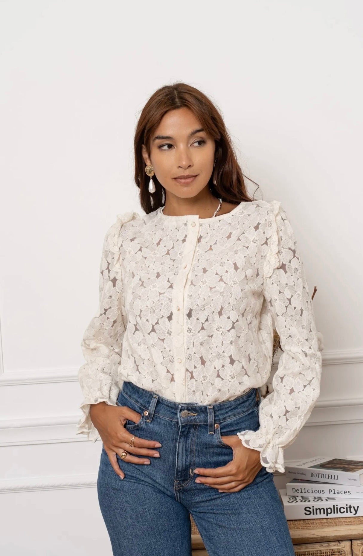 Cream Lace Top With Pearl Buttons