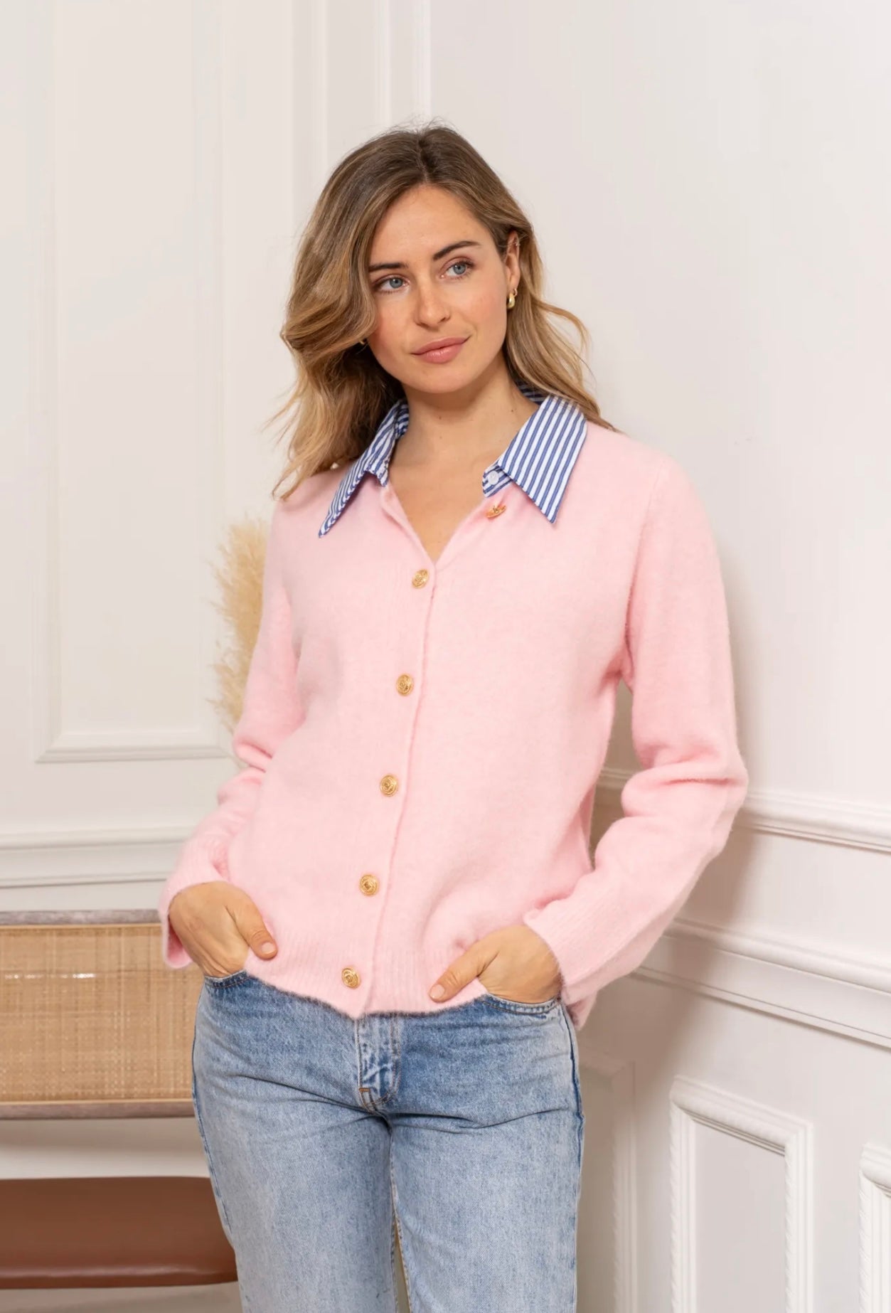 Meg Cardigan Pink With False Striped Collar