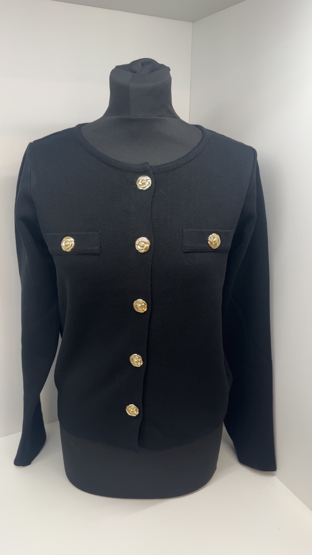 Black Cardigan With Gold Statement Buttons