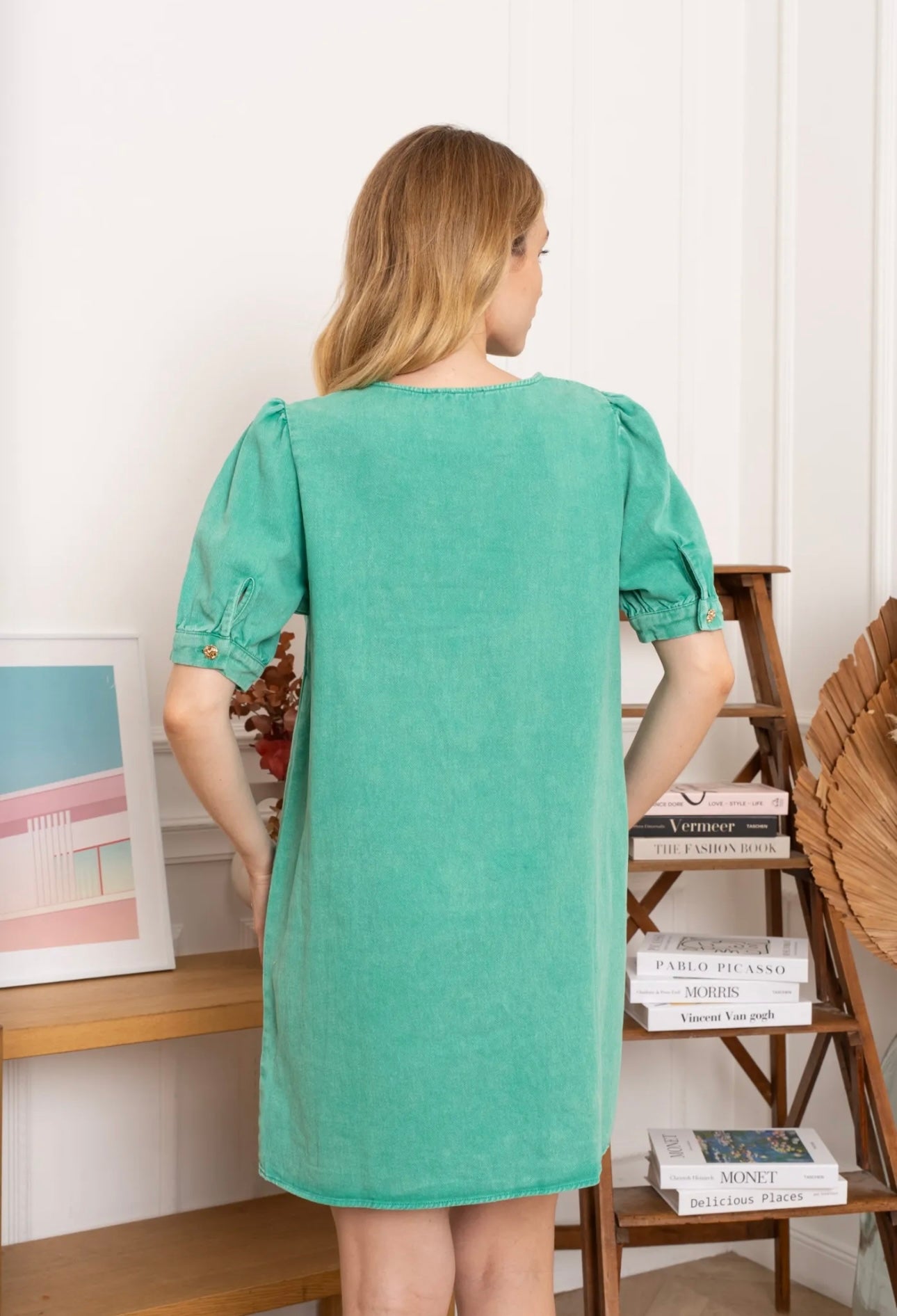 Green Denim Dress With Gold Button Detail