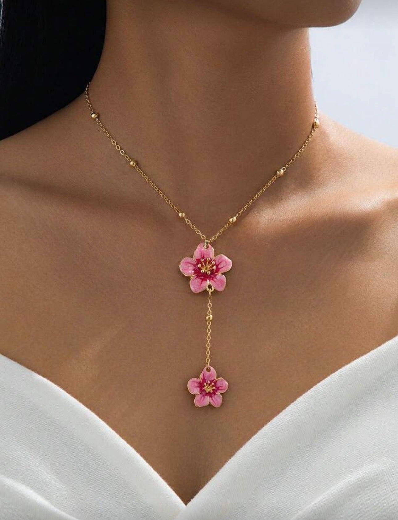 2 Tier Pink Floral Pendant Necklace
