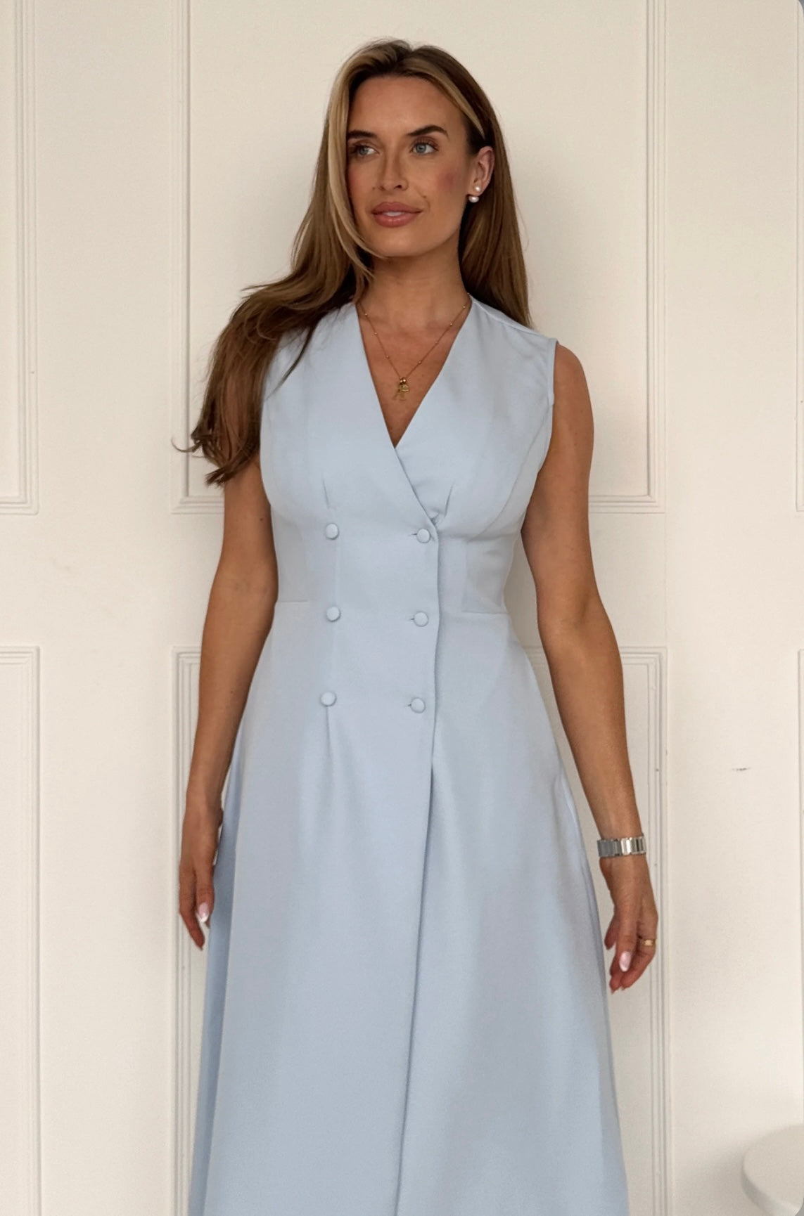 Hazel Tailored Sleeveless Midi Dress Sky Blue