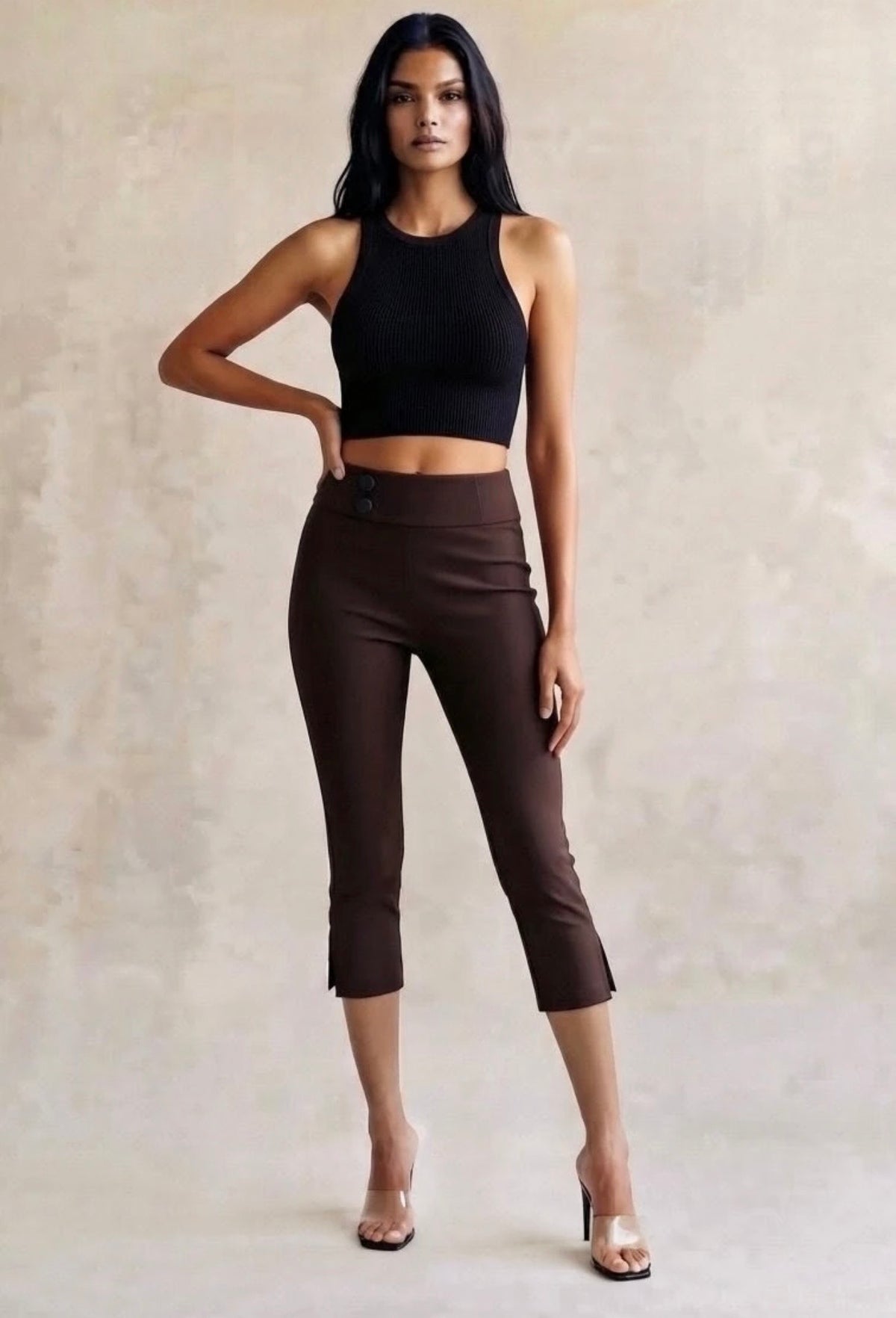 Brown High Waist Slit Detail Capri Trousers