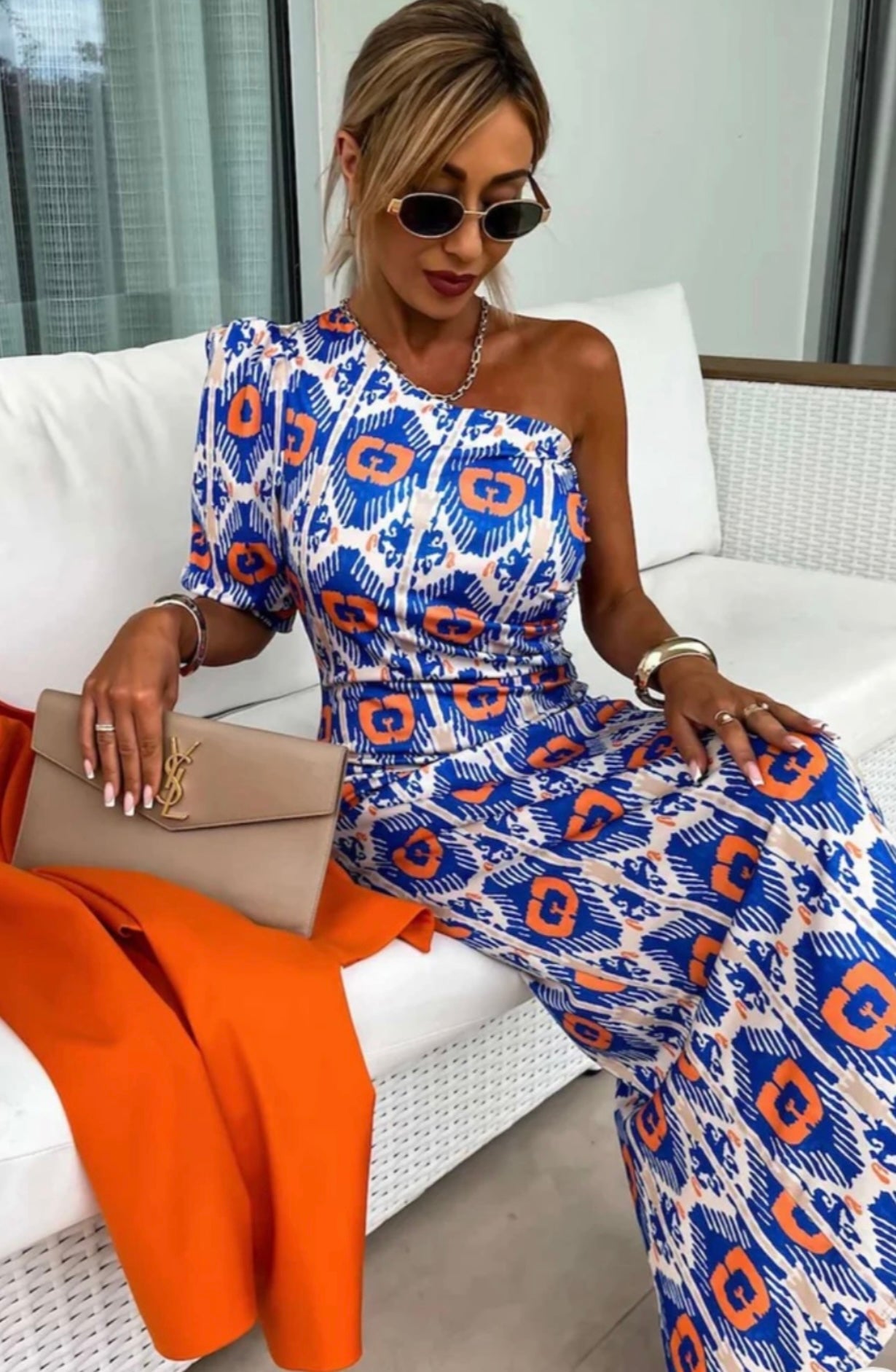 Charlotte Blue & Orange Aztec Print Midi Dress